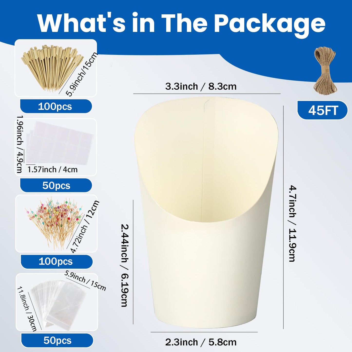 Woixiow 50 Pcs 14oz Paper White Charcuterie Cups with 200 Bamboo Sticks & 50 Clear Bags, Elegant Disposable Snack Cups for Weddings, Baby Showers, Picnics & Holiday Parties