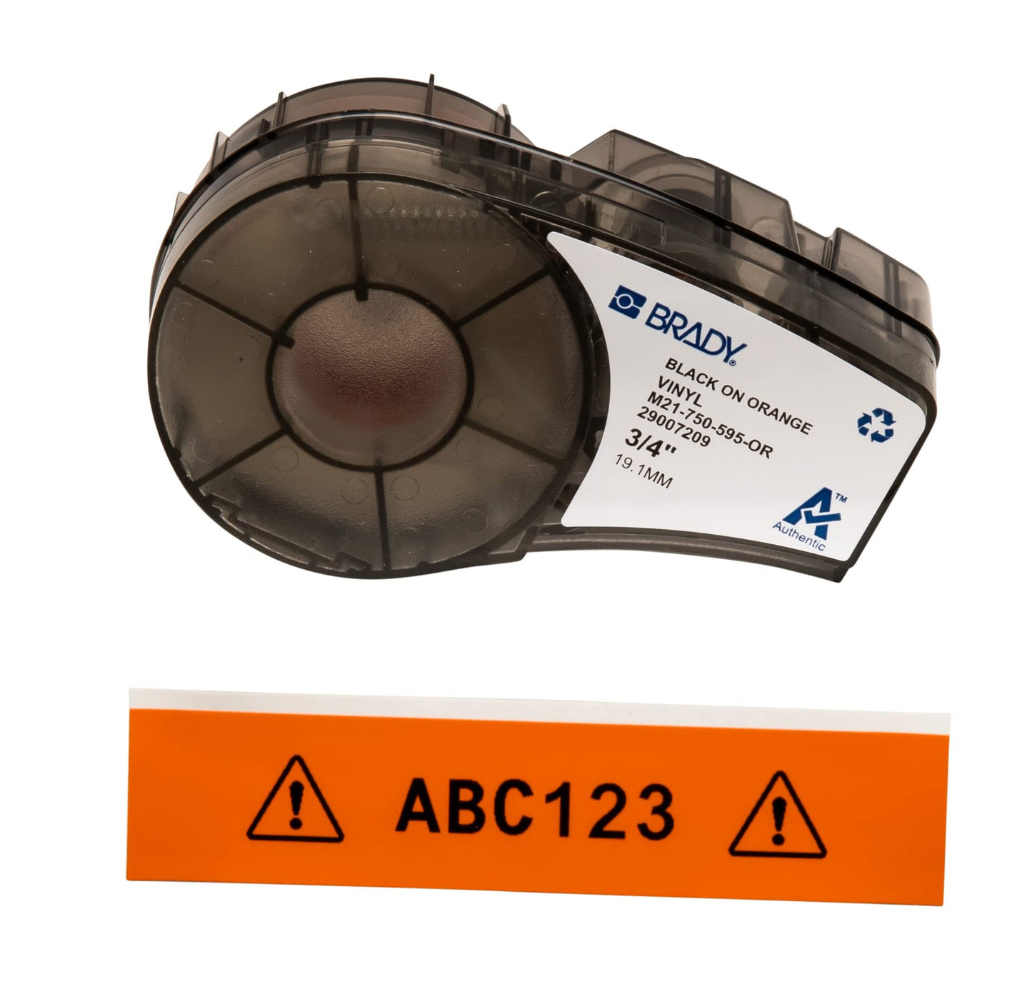 Brady M21-750-595-OR BMP21 Tape B- 595 Indoor/Outdoor Vinyl Film Size: 3/4" X 21', Black on Orange