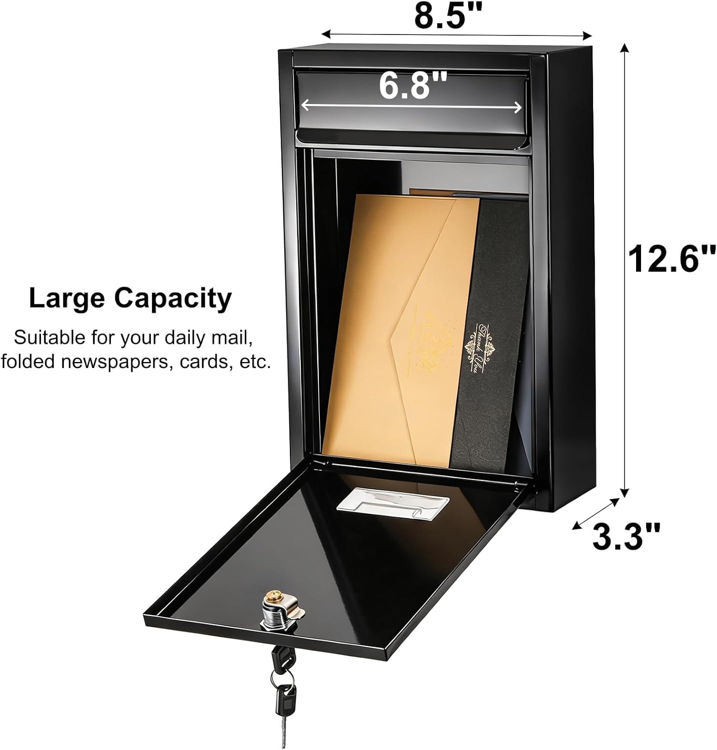 DEAYOU Wall Mount Mailbox, Steel Cover Metal Drop Box, Mail Box with Key Lock, Dropbox with Slot for Envelope, Home, Outside, Office Business, Decor, 12.6" H x 8.5" L x 3.3" W, Black