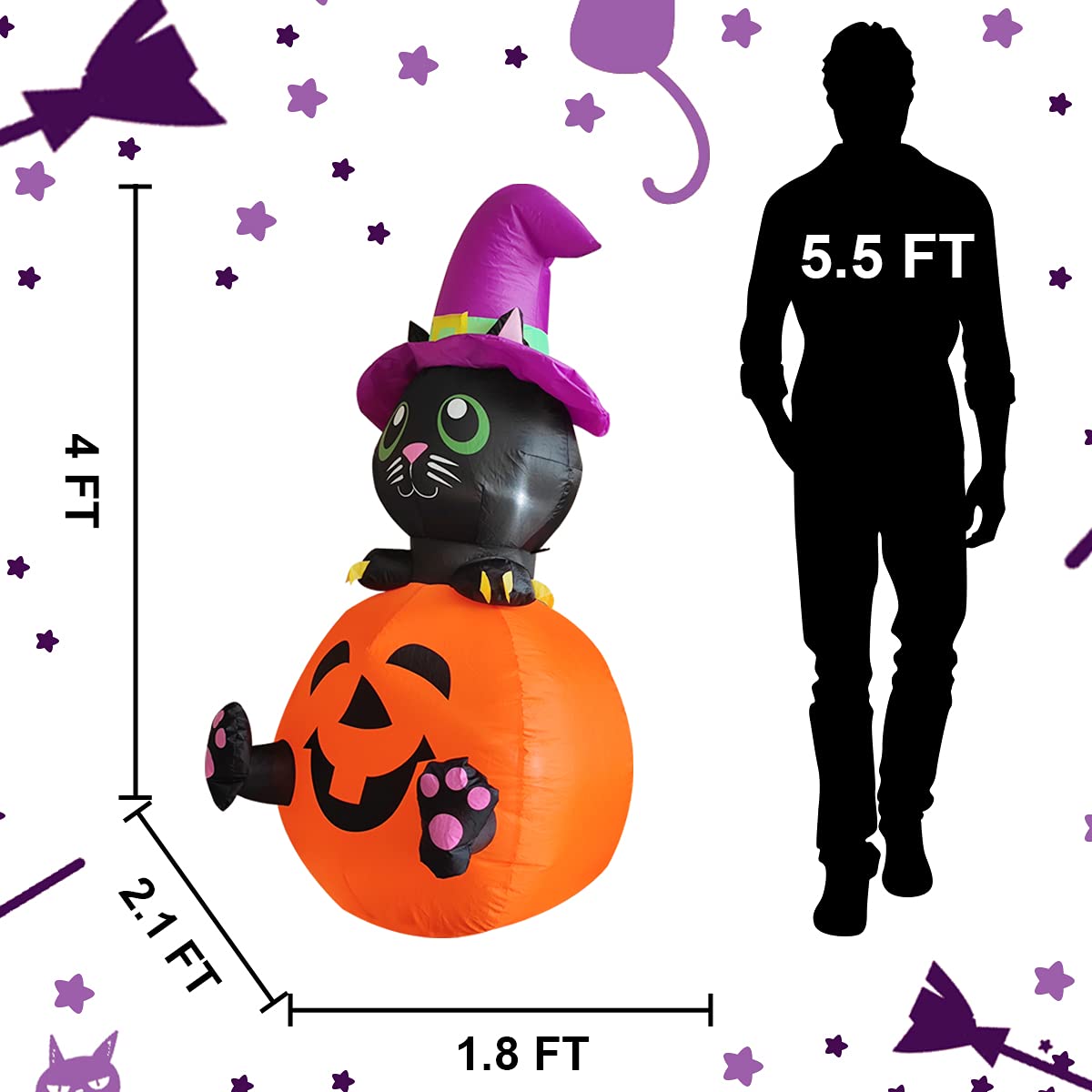 Poptrend 4 FT Inflatable Halloween Black Cat & Pumpkin Outdoor Blow Up Yard Decorations with Internal LED Lights