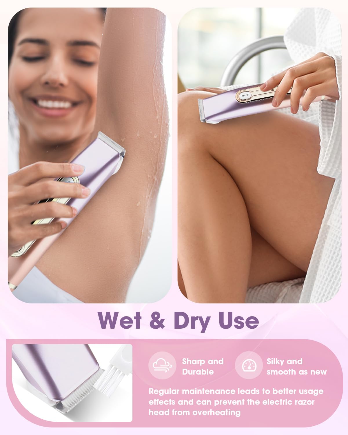 Bikini Trimmer Women, 2 in 1 Women's Electric Shaver, Dual Head Shaver, Electric Razor for Women Pubic Hair/Legs/Arms/Armpit/Face (Dazzling Purple)