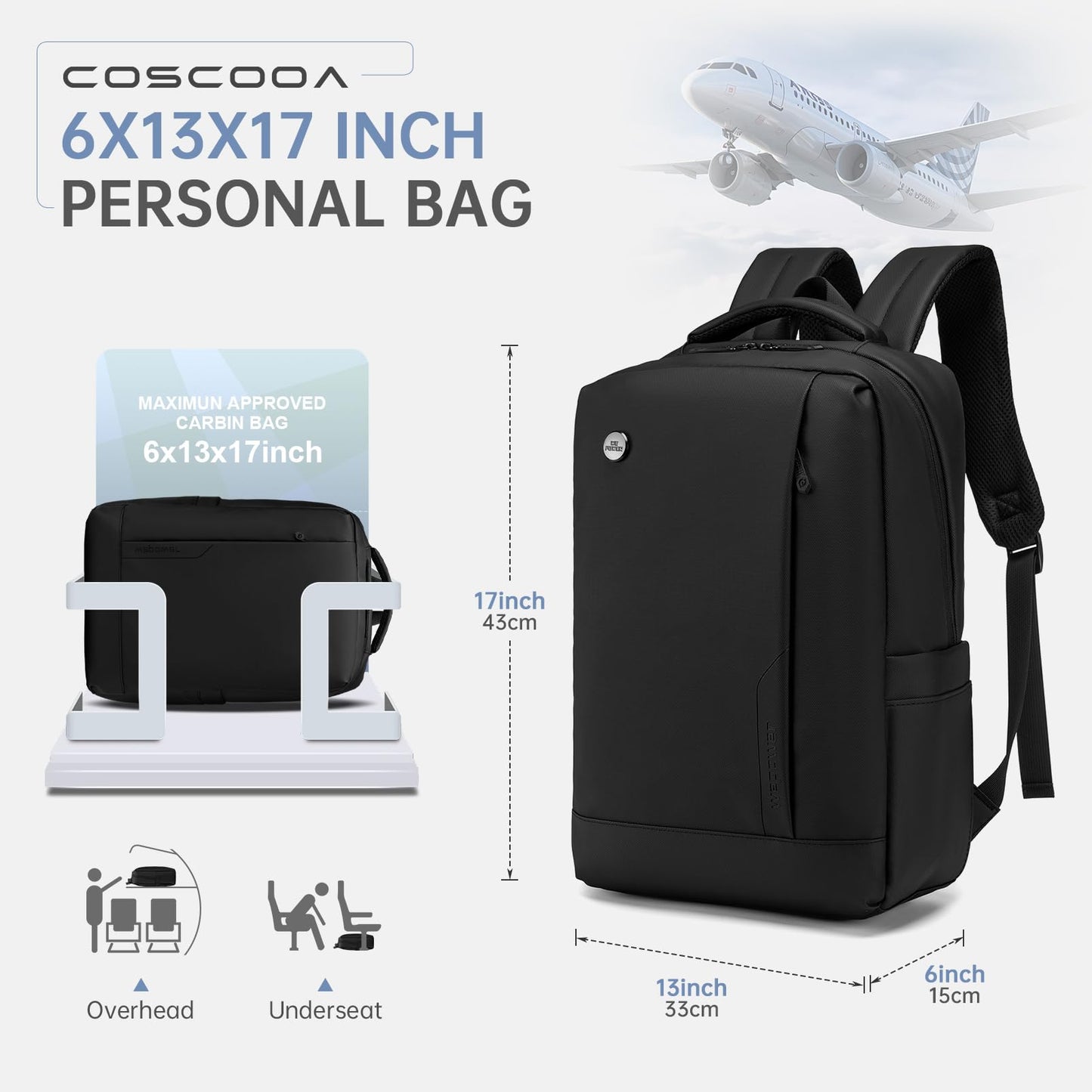 COSCOOA 6x13x17 inch Personal Item Bag for Budget Flights in Canada,15x33x43 cm Travel Bag, Expandable Carry On Travel Backpack,Underseat Travel Duffel Bag,15.6 inch Laptop Backpack
