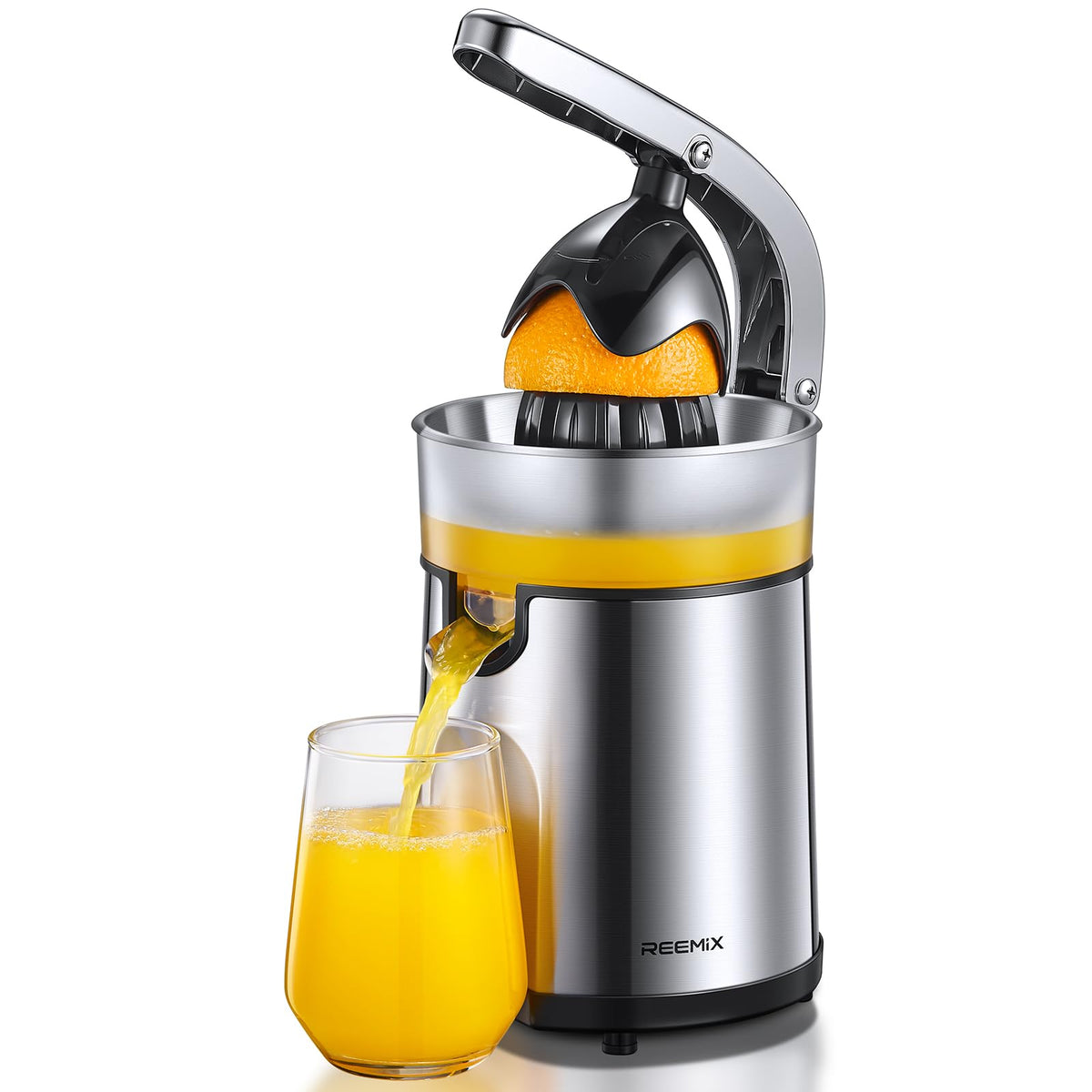 Reemix Electric Citrus Juicer - Orange, Lemon, Grapefruit Juicer with Stainless Steel Body & Transparent Juice Collector, Easy to Use for Fresh Squeezed Juice at Home