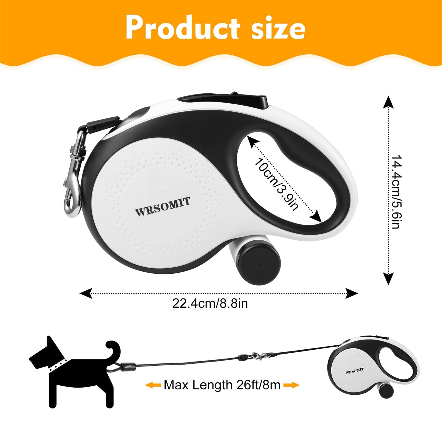 WRSOMIT Retractable Dog Leash with Chew Proof Cable, 26Ft Heavy Duty Dog Leash for Medium Large Dogs up to 110lbs, 360° No Tangle, One-Handed Brake