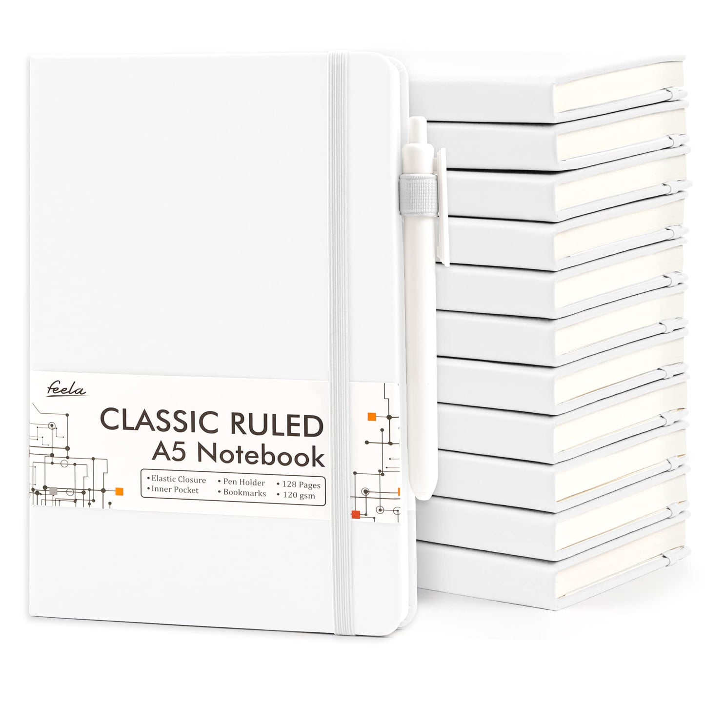 feela 12 Pack Notebooks Journals Bulk, Hardcover Notebook Classic Ruled Lined Journals with Pen Holder for Women Girls School Business Supplies, with 12 Black Pens, 120 GSM, 5.1”x8.3”, A5, White