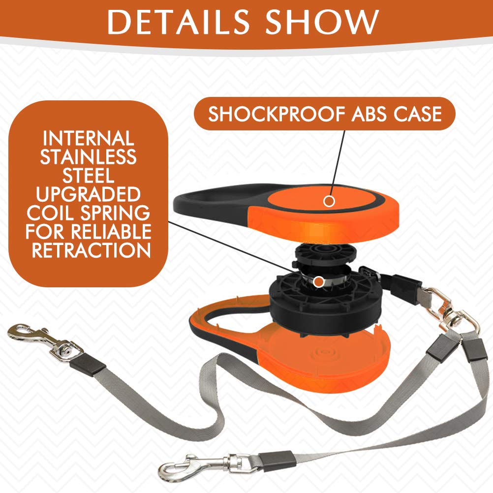 KOOLTAIL Dual Retractable Dog Lead for Two Dogs up to 110 lbs, Heavy Duty Double Head 16 ft Flexi Expandable 360° Tangle-Free One Button & Lock Brake Dog Lead for Small Medium Orange