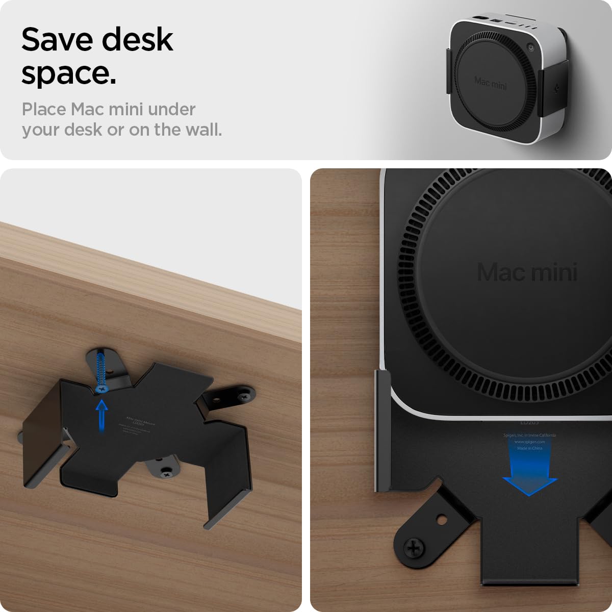 Spigen Mount Designed for Mac mini M4/M4 Pro (2024) VESA Anti-Scratch Behind Monitor, Under the Desk, Wall Stand VESA Hole Strong Adhesive LD205 - Black