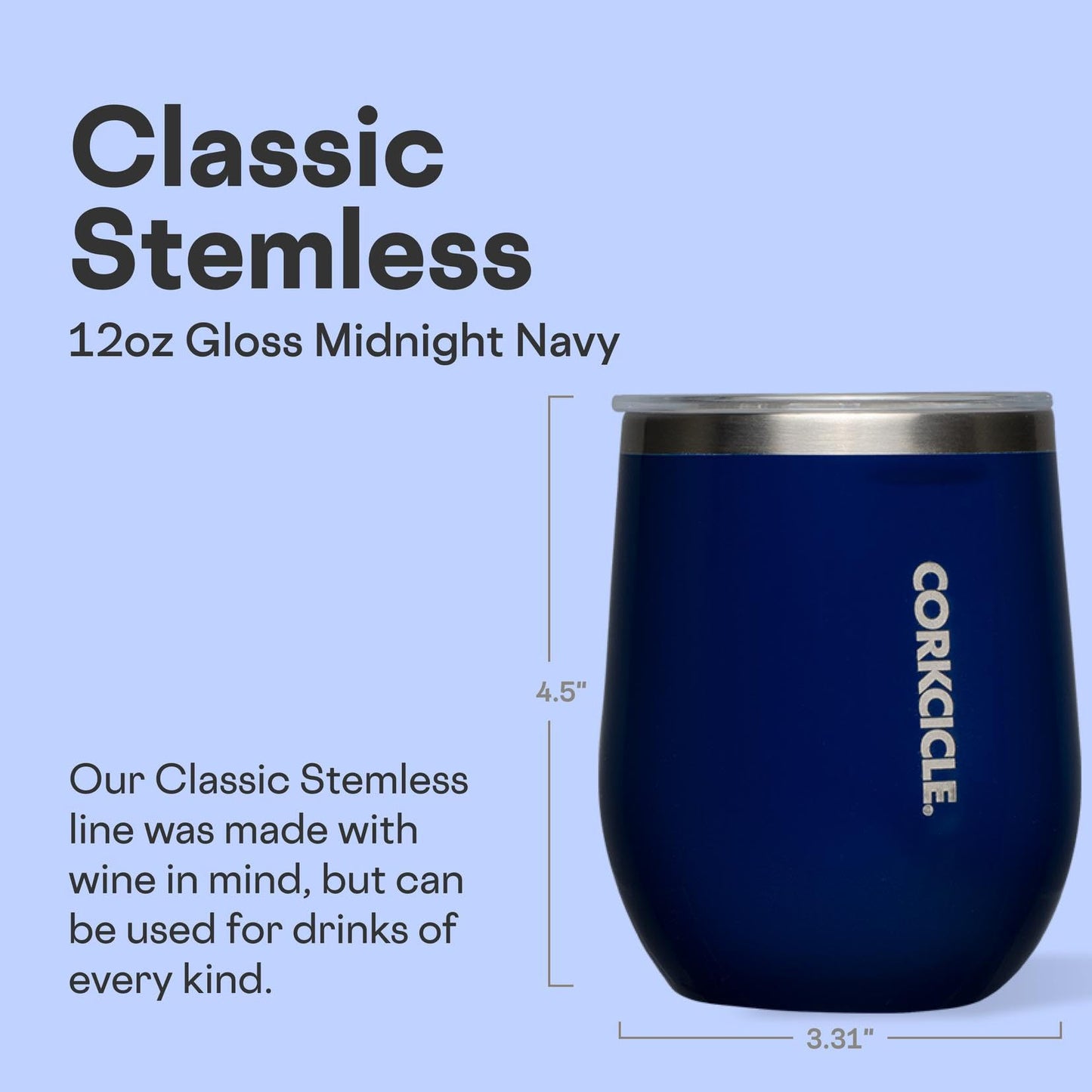 Corkcicle Stemless Wine Tumbler - Keeps Drinks Cold for 6 Hours - Triple-Insulated Stainless Steel - Non-Slip Base - Summer Drinkware Gift - Keeps Drinks Ice Cold - 12 oz - Gloss Midnight Navy