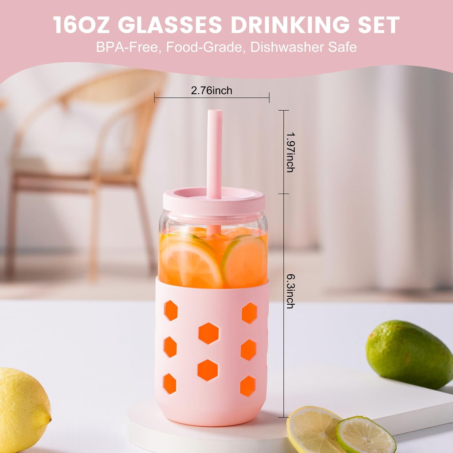 Mrsdry Drinking Glasses Set of 4, 16oz Glass Cups with Lids and Straws as Coffee Bar Accessories, Iced Coffee Cup Reusable for Gifts, Home Essential Glass Cup for Coffee, Juice and Smoothies Cups