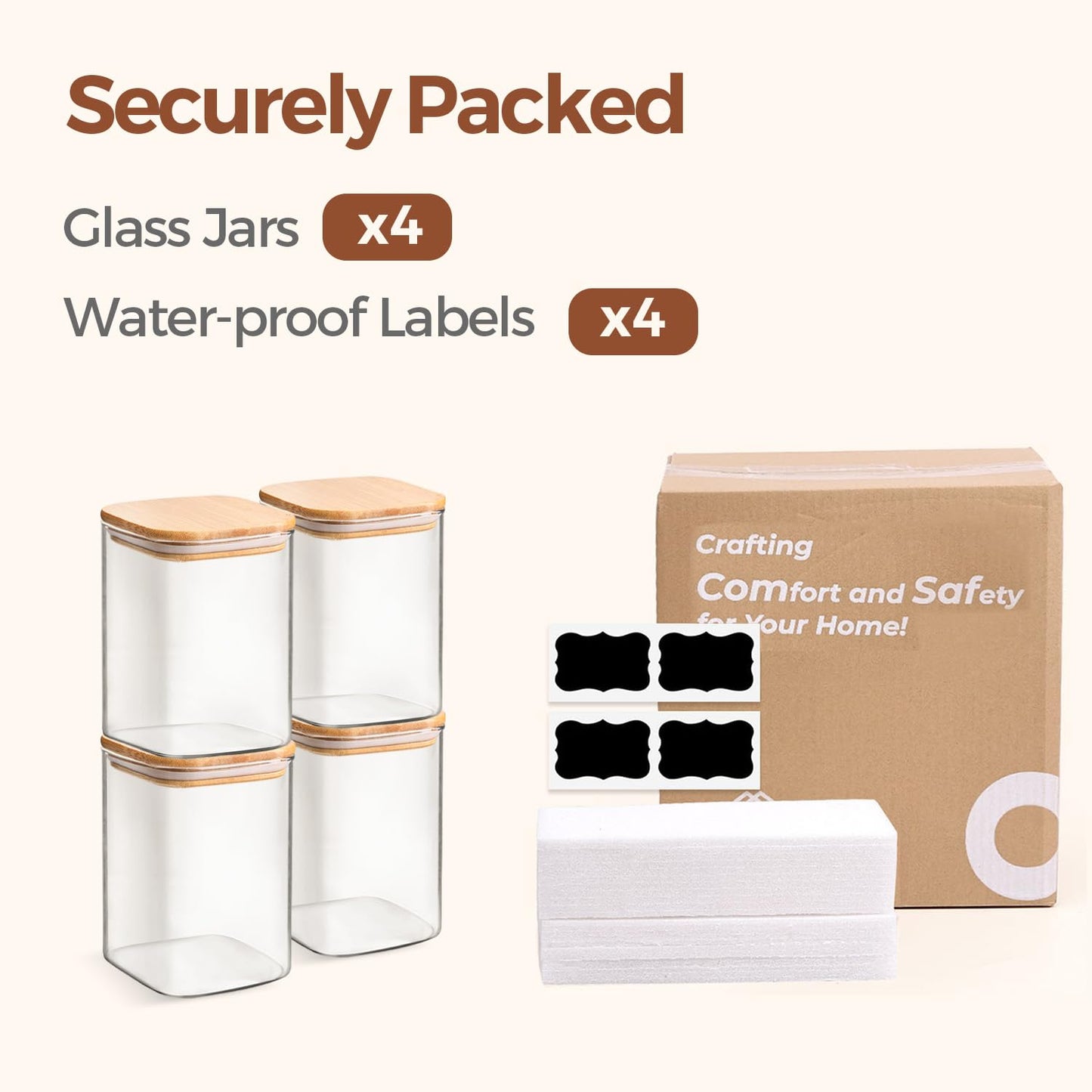 ComSaf Airtight Glass Storage Canister with Wood Lid 1.1L Set of 4, Clear Food Storage Container Jar with Sealing Bamboo Lid for Noodles Flour Cereal Rice Sugar Tea Coffee Beans