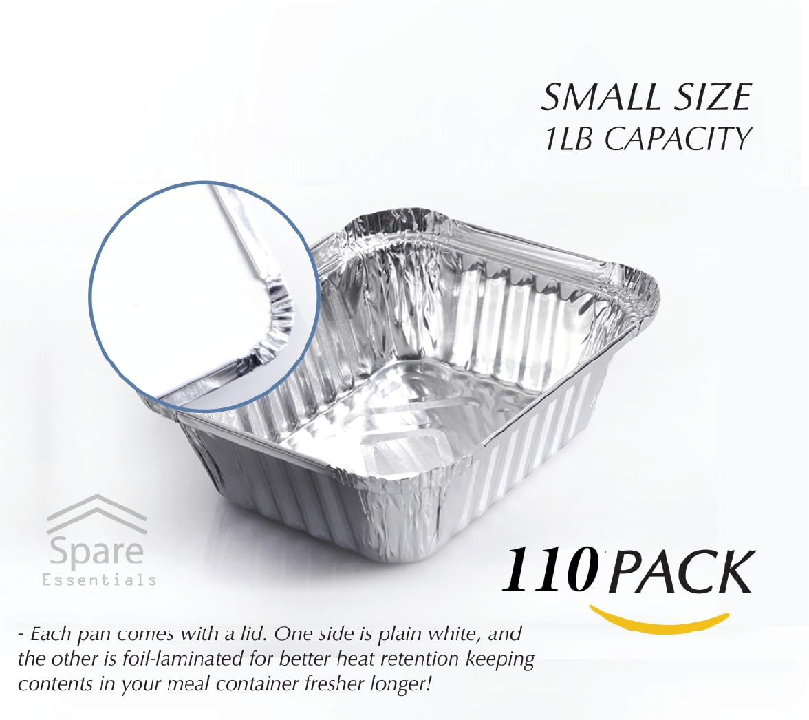 Spare Essentials 110 Pack - 1LB Small Foil Pans with Lids - Aluminum To Go Food Containers with Lids - 1lb Mini Aluminum Pans - Freezer Safe Foil Take out Trays - Heat proof Meal Prep Containers