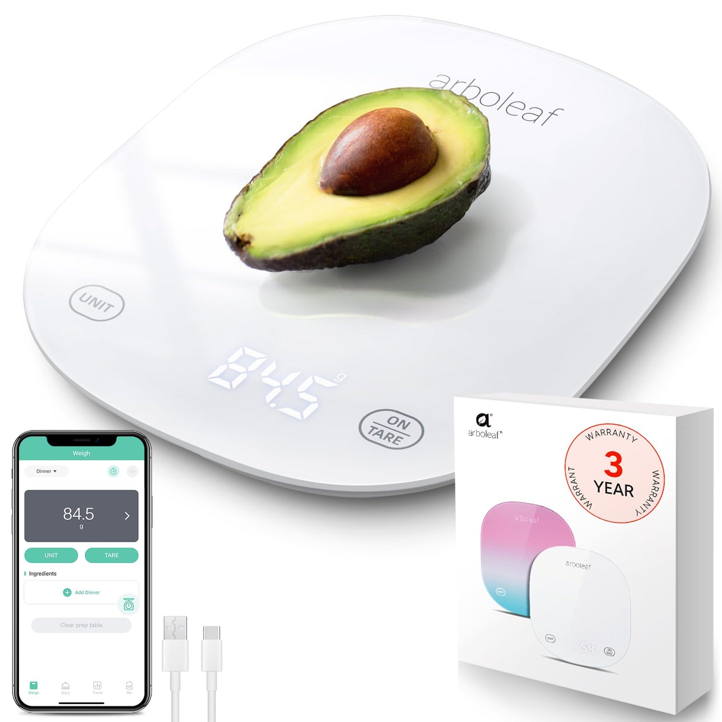 Arboleaf Smart Food Scale Rechargeable, 22lb Digital Kitchen Scale with Calorie Counter, Weighing with App for Macro, Keto, Calorie, Cooking, Grams and Ounces, 0.1oz/0.5g, White