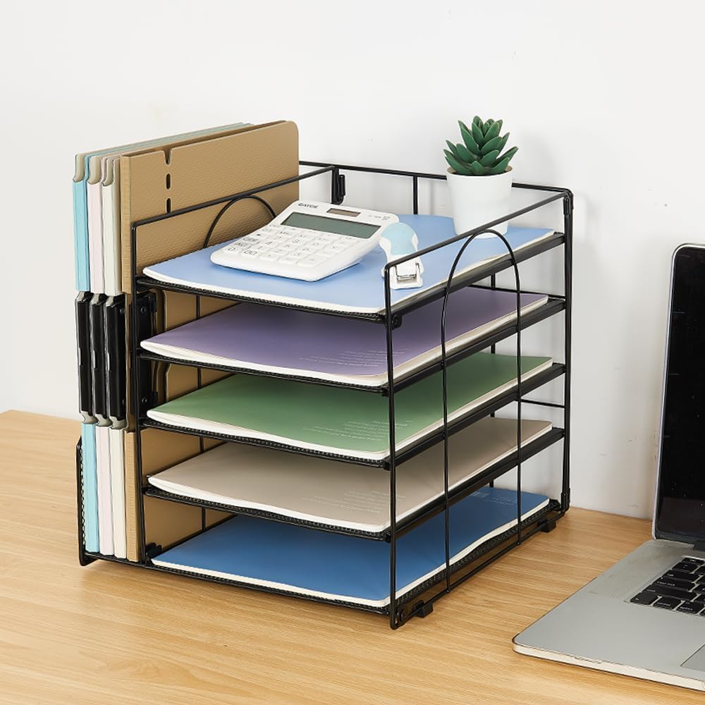Gugsey Desk Organizer with File Holder, Organisateur et Accessoire de Bureau, 5-Tier Paper Letter Tray, Mesh Desktop File Organizers, Organization and Storage for School, Home, Office (Black)