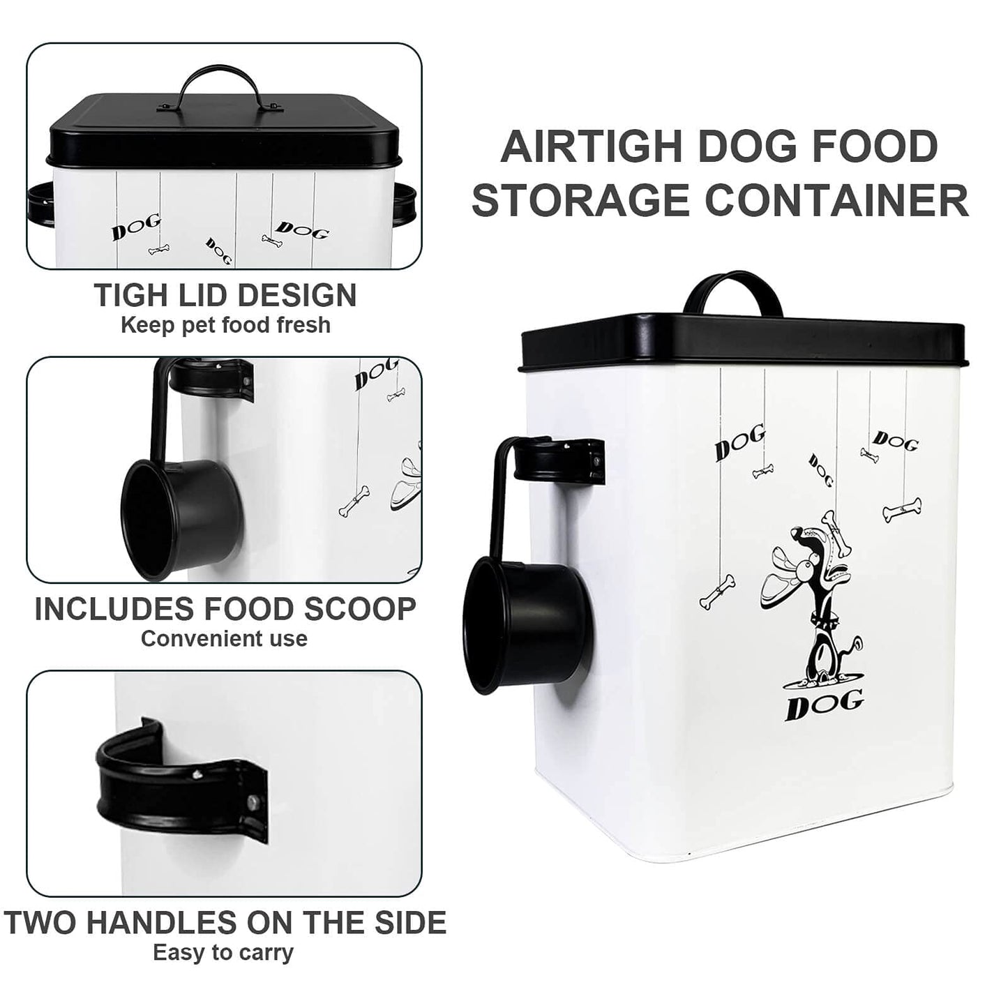 SOTECH Cute Pet Treat Container With Scoop Set, Food Bucket With Lid and Handle, White Storage Bin for Small Dogs Cats, Great Gift for Dog Owners (Treat Jar)