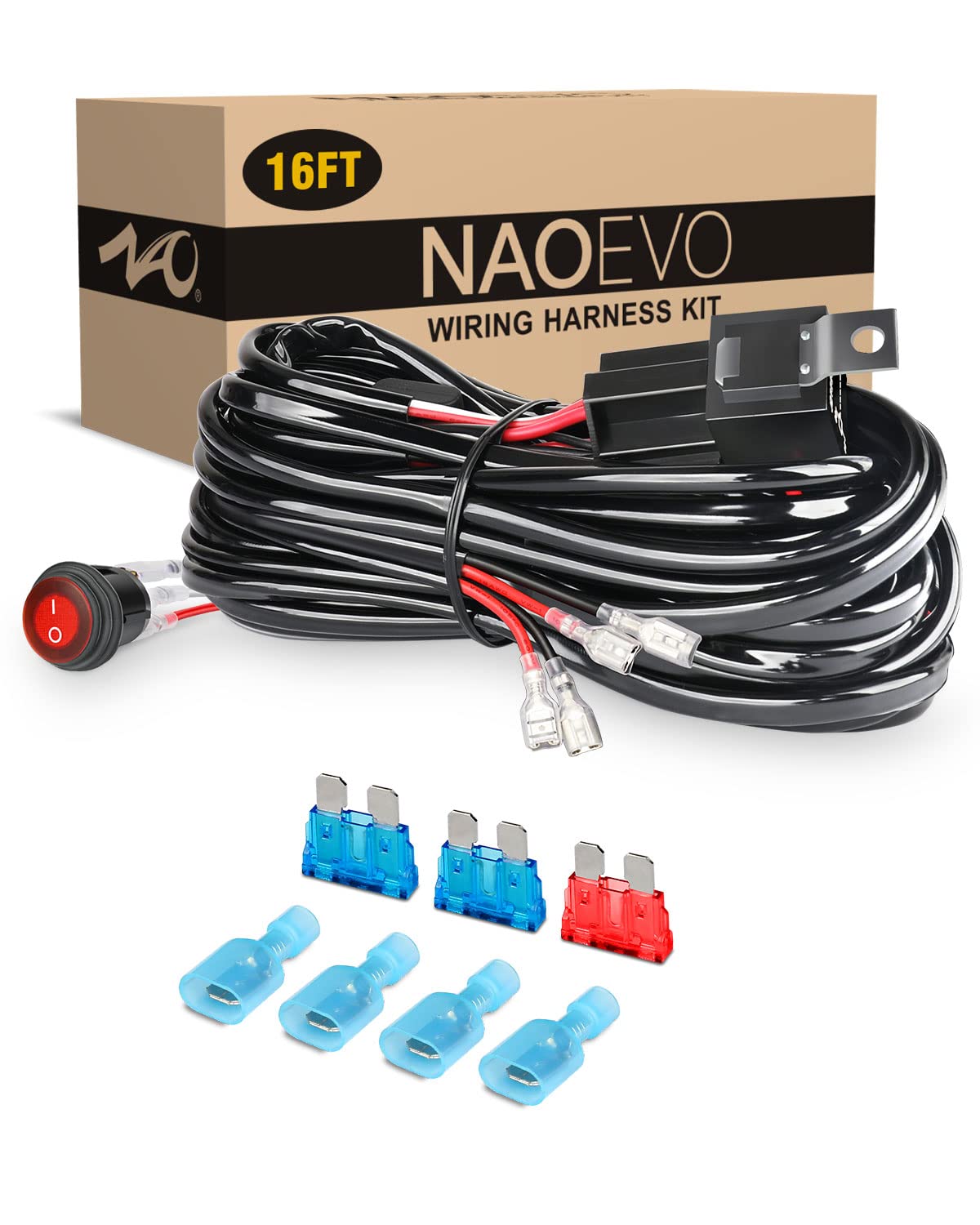 NAOEVO 16FT LED Light Bar Wiring Harness Kit 16AWG 2 Leads 12V On Off Waterproof Switch Power Relay Blade Fuse for Off Road Lights LED Work Light (16FT)