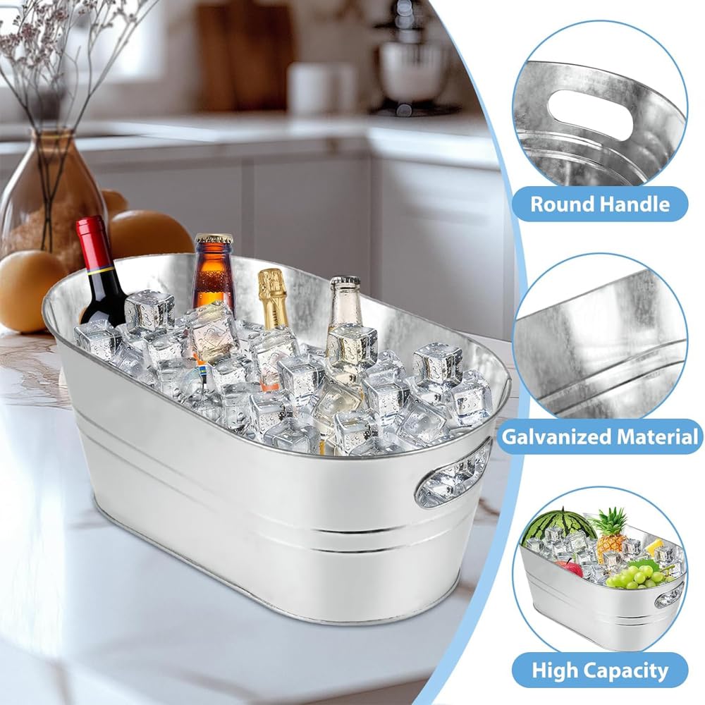 4 Pack Galvanized Tub Beverage Tubs, 4 Gallon Large Ice Buckets with Carry Beer Drink Storage Cooler Metal Beverage Ice Tub, for Parties and Cocktail Bar Mimosa Bsupplies