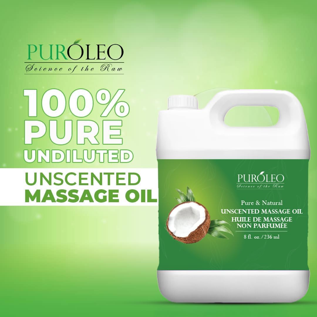 PUROLEO All-Natural Massage Oil – Unscented, 32 Fl Oz/946 mL – With Coconut, Almond & Jojoba Oils – For Hair, Body & Face – Nourishing, Relaxing & Ideal for Massage Therapy – Made in Canada