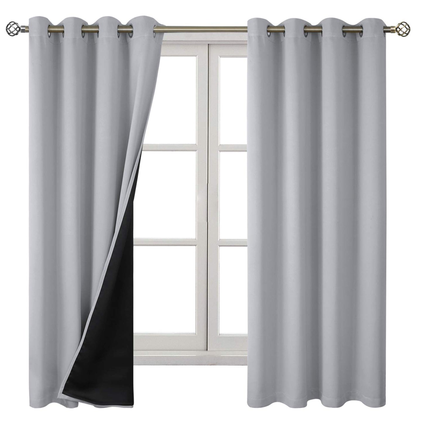 BGment Thermal Insulated 100% Blackout Curtains for Bedroom with Black Liner, Double Layer Full Room Darkening Noise Reducing Grommet Curtain, 2 Window Curtain Panels of 52 x 63 Inch, Light Grey
