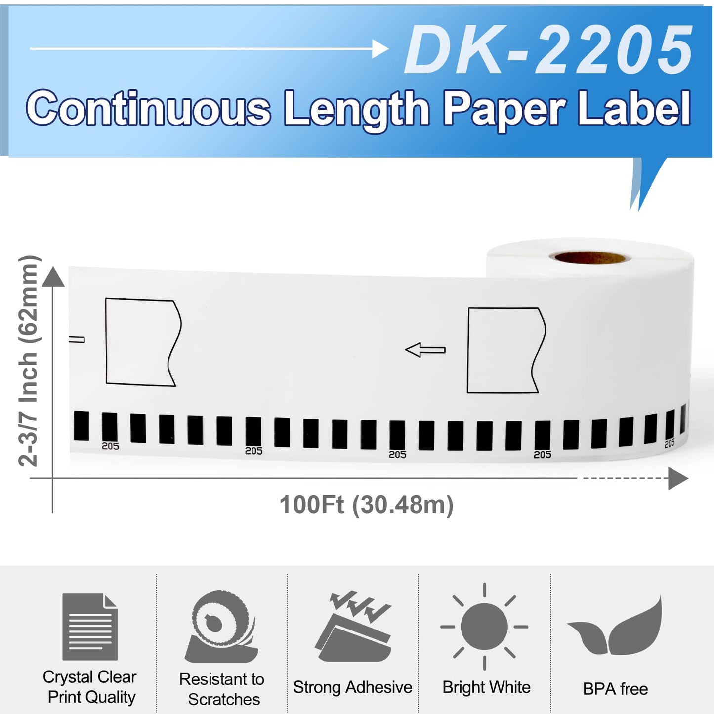 10 Rolls DK2205 Compatible for Brother DK-2205 Continuous Paper Labels 2-3/7" x 100'(62mm x 30.48m), for Brothe Label Printers QL-1100nwb 800 810W 820 820NWB 700 500 570 600 (10 Rolls + 1 Fram)