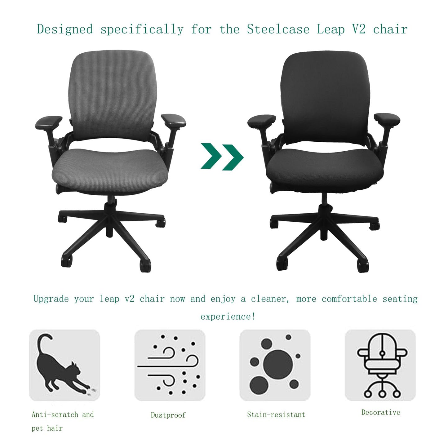 Yerinmeich 4-Piece Office Chair Seat Cover Set: Durable, Breathable, and Moisture-Wicking, Eco-Friendly Fabric. Compatible with steelcase leap V2 Classic and Reissue Office Chairs. (Black)