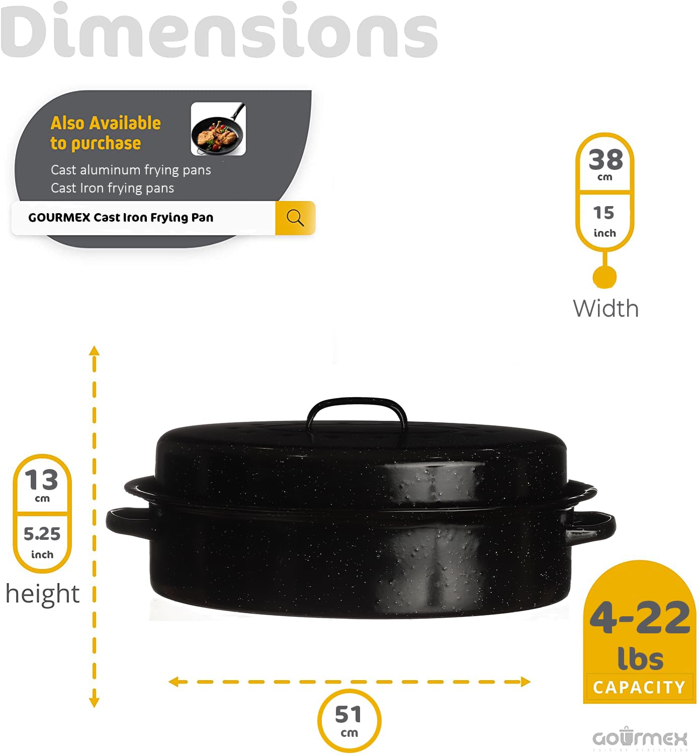 GOURMEX 22lb Oval Black Ceramic Enamel Coated Roasting Pan | Dutch Oven Pot With Lid | Dishwasher Safe, Oven Safe, Freezer Safe | Ideal For Chicken, Turkey Roasting Pan