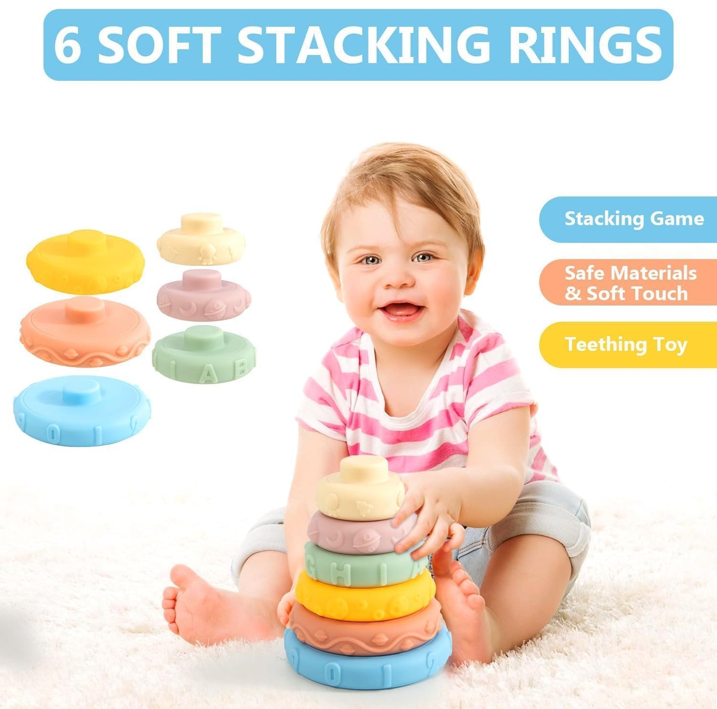 Baby Toys for 6 to12 Months, 5 in 1 Montessori Toys Set for Toddlers, Stacking Building Blocks Infant Toys,Pull String Baby Teething Toys Sensory Toys, Baby Gifts(Dinosaur Toys Car)
