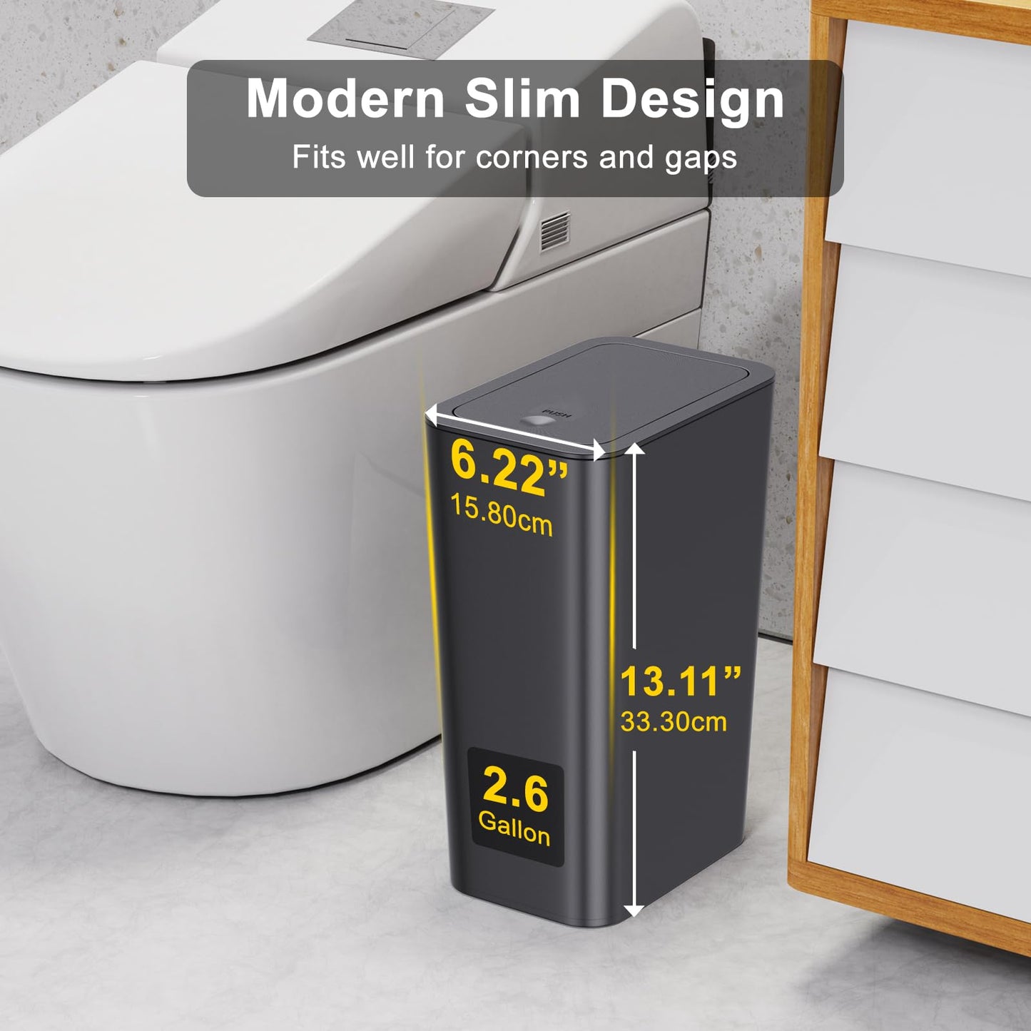 N. NETDOT 3 Pack 10L / 2.6 Gallon Small Trash Can with Lid,Bathroom Garbage Can with Pop-Up Lid,Waste Basket for Bathroom,Kitchen,Bedroom,Powder Room,Office,College (Black-Grey-Off White)