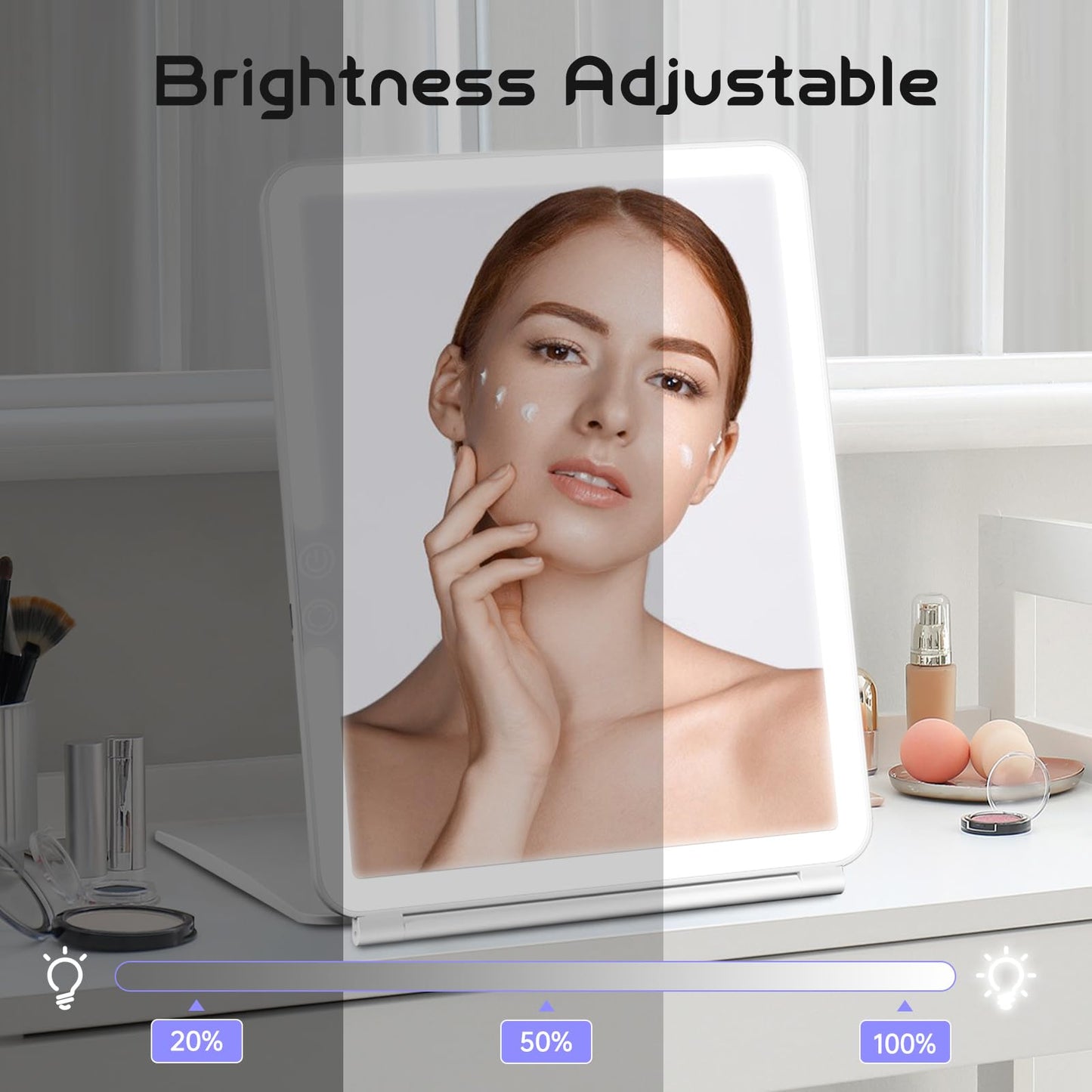 FUNTOUCH Large Rechargeable Travel Makeup Mirror with Light, Portable Makeup Mirror with 10X Magnifying Mirror 3 Lighting Modes, Dimmable Touch Screen, Tabletop Folding Travel Mirror with Storage Bag