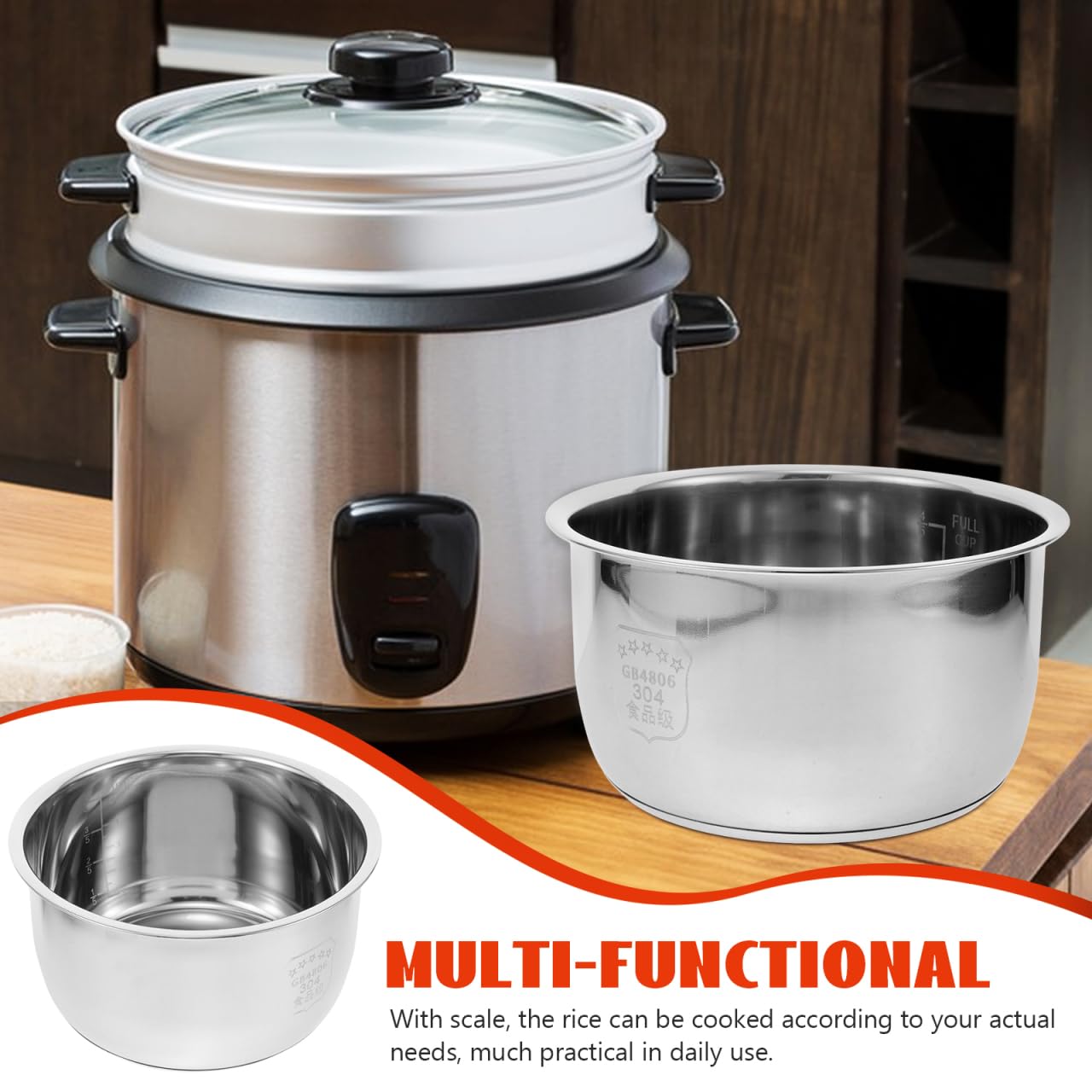VICASKY 304 Stainless Steel Rice Cooker Inner Pot,Non-Stick Replacement Pot Thickened Universal for Quick Cooking 8.26 Inch (3L)