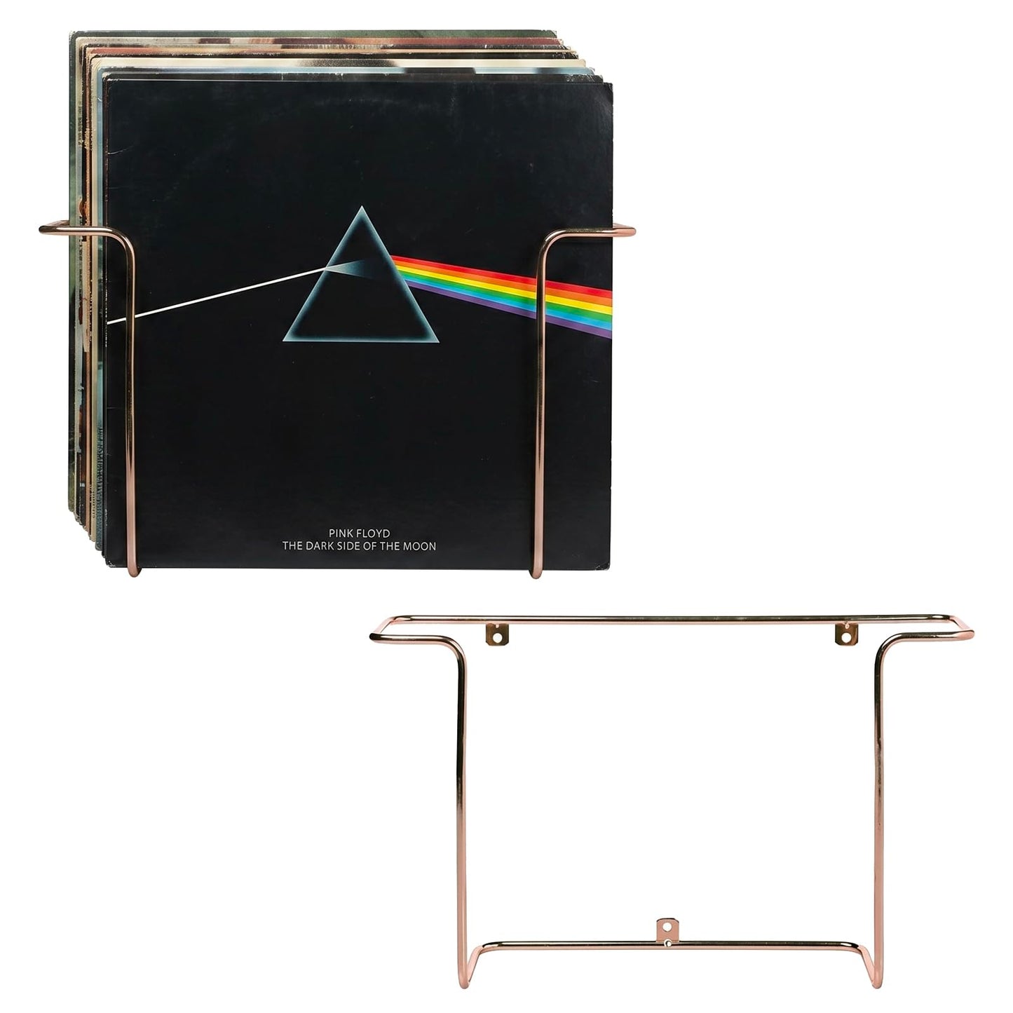MyGift Modern Metal Wire Wall Mounted Vinyl Records Storage Racks, Hanging LP Record Holders, Floating Album Cover Display Shelves, Set of 2 (Modern Copper-2 Pcs)
