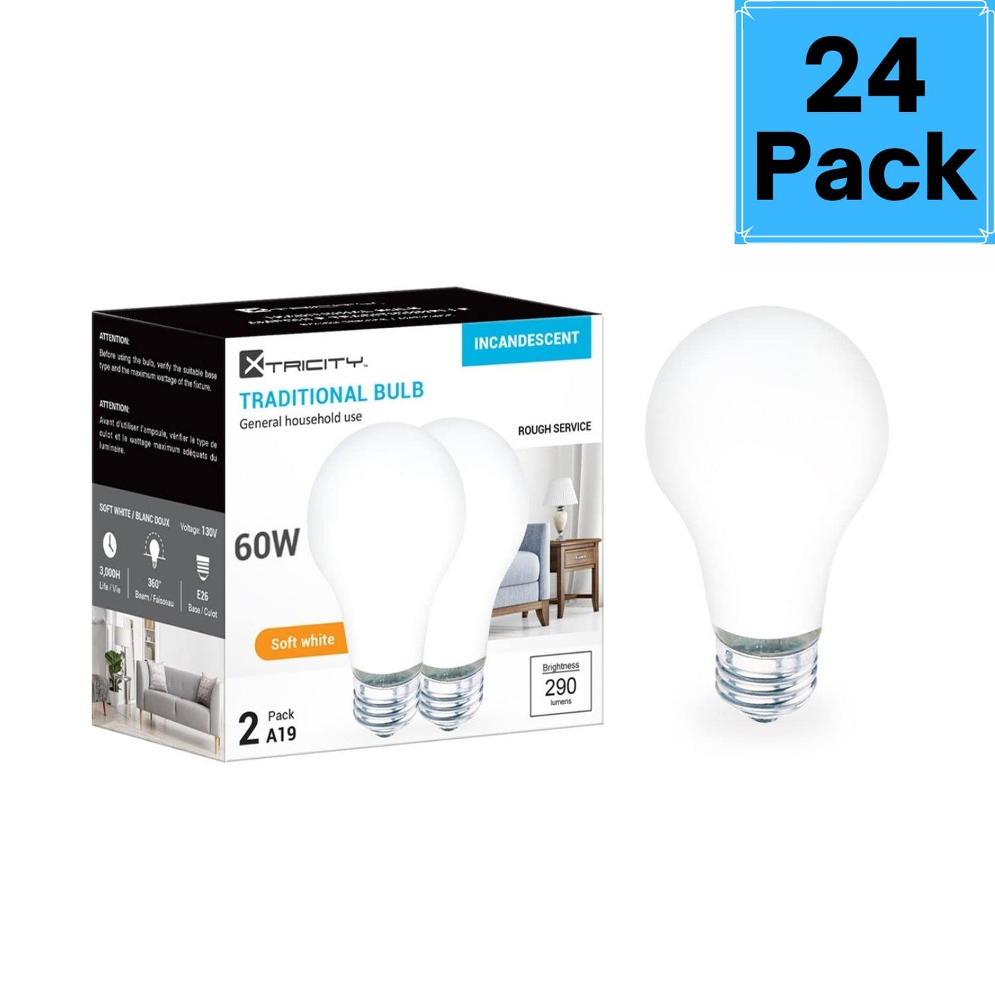A19 Frosted Incandescent Rough Service Light Bulb, 60 Watt, 2700K Soft White, E26 Medium Base, 550 Lumens, 130V (24 Pack)