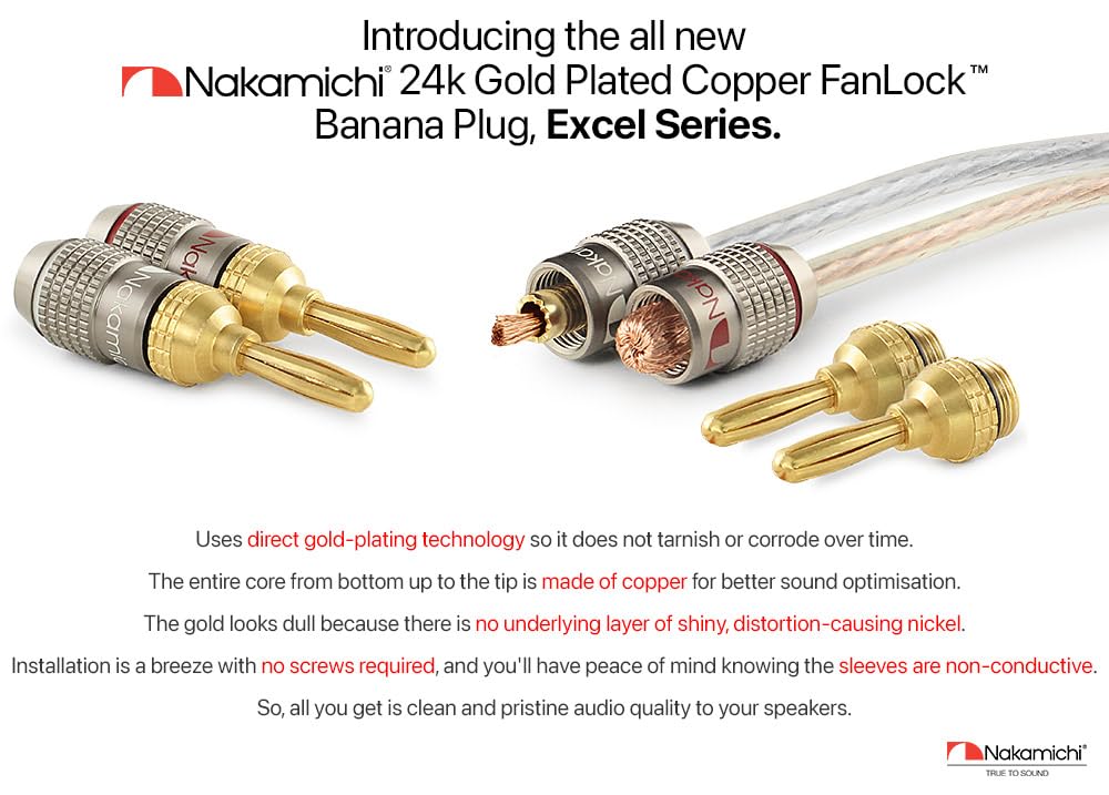 Nakamichi FanLock Excel Series 24k Gold Plated Banana Plug 10 AWG - 18 AWG Gauge Size 4mm for Speakers Amplifier Hi-Fi Stereo Home Theatre Radio Audio Wire Cable Quick Connector, 16 Pcs (8-Pairs)