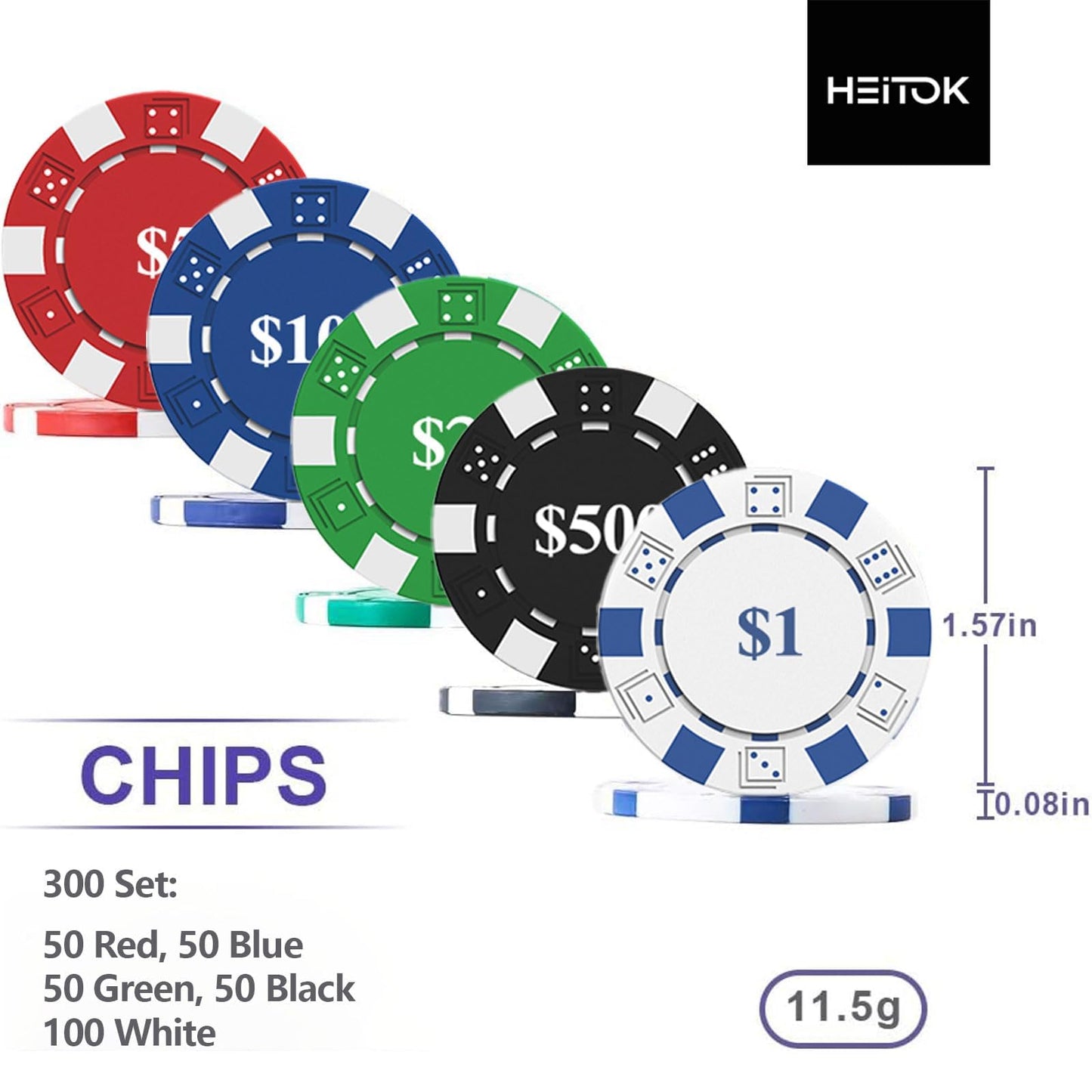 300PCS Poker Chips Set with Denominations, 11.5g Numbered Chips with Case for Texas Hold'em, Blackjack,Card Club or Late Night Poker Games