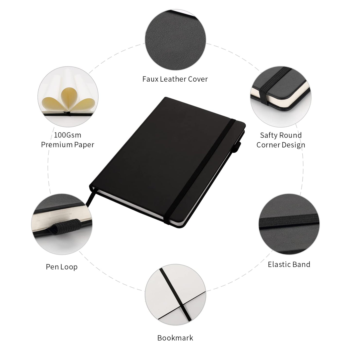 Deziliao 5 Pack Dotted Journal Notebooks with Pen Loop, Hardcover Notebook Journal for Work, 100Gsm Premium Thick Paper with Inner Pocket, Medium 5.7"x8.4", （Black）