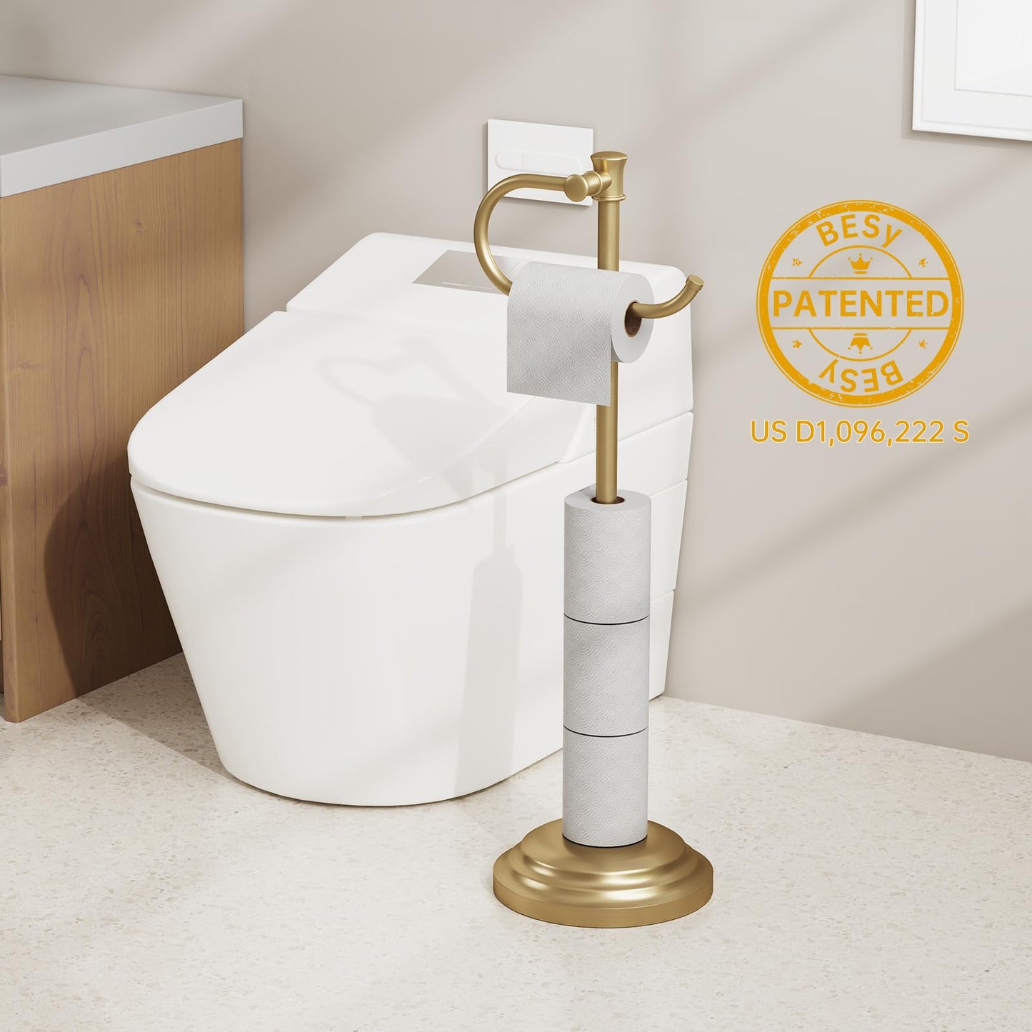 BESy Toilet Paper Holder Free Standing Bathroom Toilet Tissue Holder Stand for Floor Toilet Paper Roll Holder with Storage Hardware Accessories Rack Non Adjustable Brushed Gold Stainless Steel