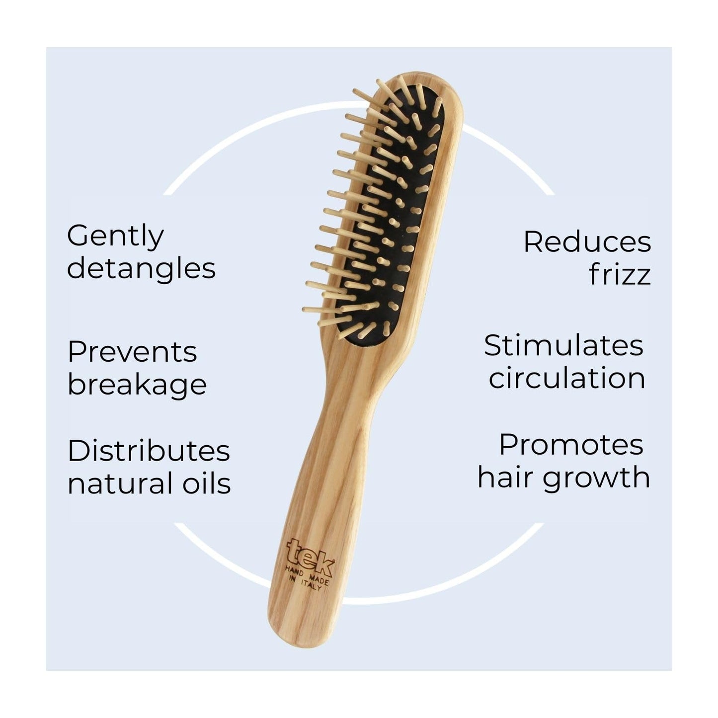 TEK - Rectangular Brush with Short Tooth in Ash Wood Handmade in Italy, for Short Hair - 22 x 4 cm