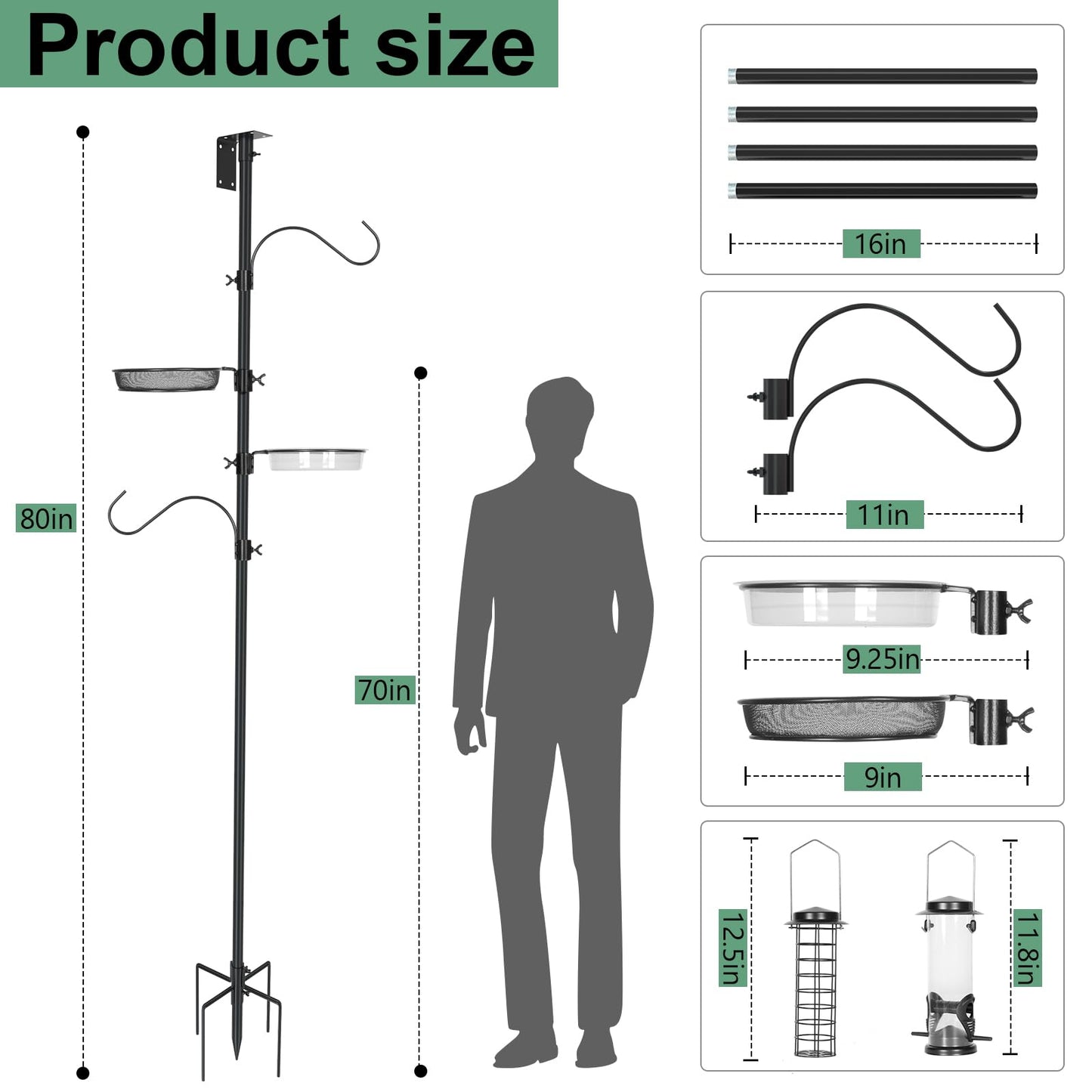 ERYTLLY 2-Hooks Bird House Pole Stand Kit 80 Inch Multi Feeders, Bird Bath, Feeder Tray - Heavy Duty Bluebird Feeder Support Rod Mount Set for Outdoor