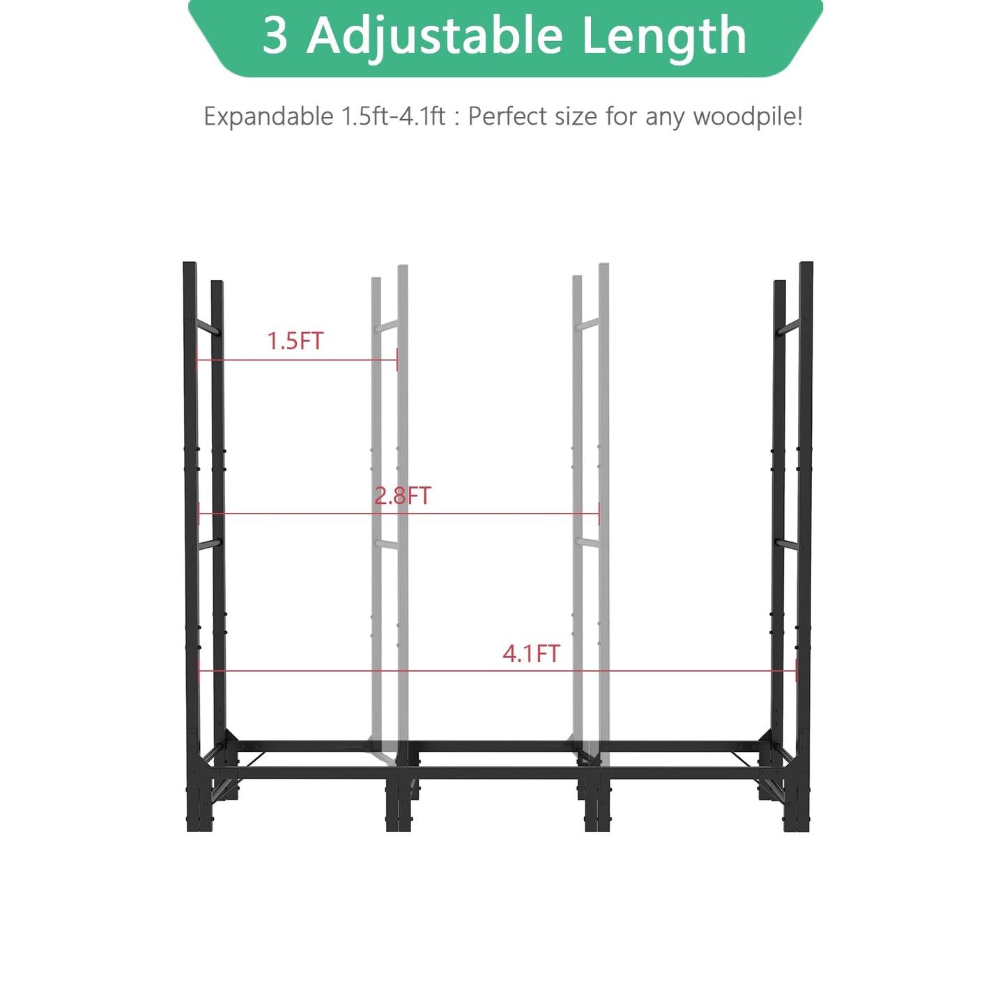 Helios&Hestia 4Ft Outdoor Firewood Rack for Fireplace, Heavy Duty Steel Log Holder, Indoor Wood Pile Storage Organizer, Adjustable Stacker Stand, Black