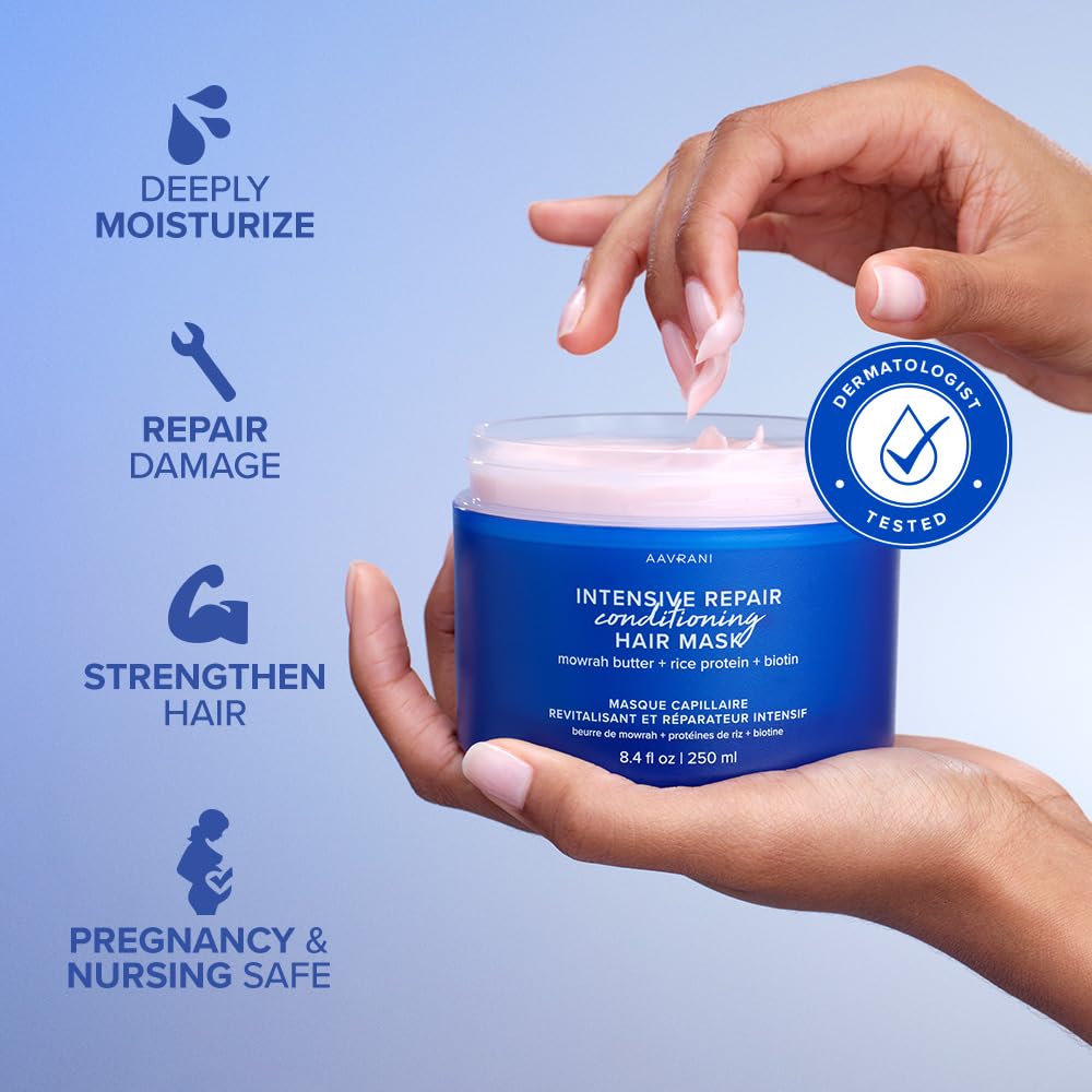 AAVRANI Intensive Repair Conditioning Hair Mask - Mask for Dry, Damaged Hair - With Biotin, Rice Protein, & Mowrah Butter To Repair - Vegan - 8.4 Oz