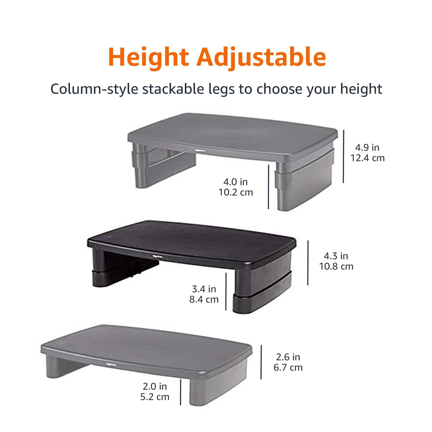 Amazon Basics Height Adjustable Monitor Stand Riser with Storage Organizer, 3-Level Stackable Design, Durable ABS Plastic, Supports up to 10kg , for Monitors & Laptops, Black