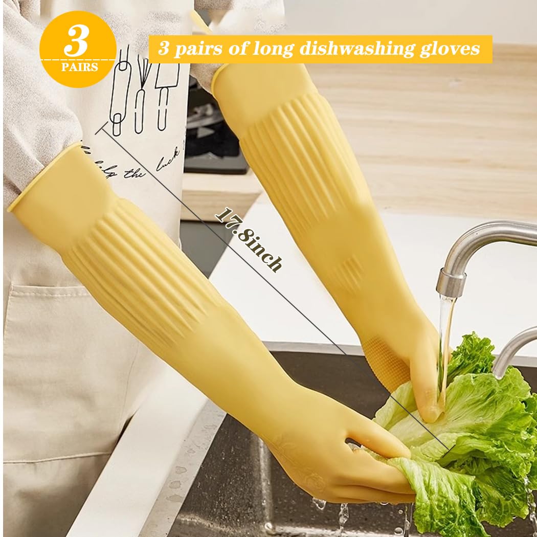 Vsootal 17.8" Rubber dishwashing gloves 3 or 6 Pairs for kitchen,Cleaning washing dish gloves long thickening for household reuseable.