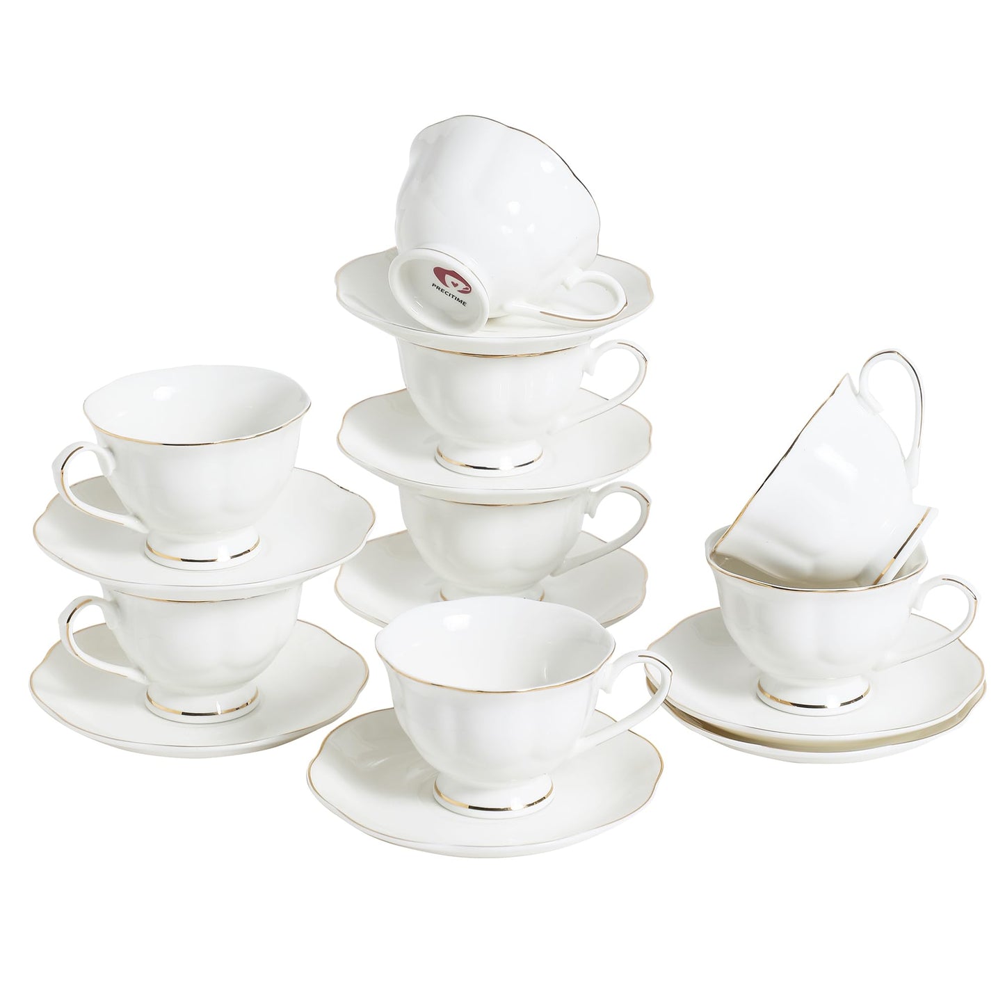 PRECITIME White Ceramic Tea Cup and Saucer Set of 8 (16-Piece) - 6oz Elegant Porcelain Cups with Gold Rim, 8 Cups & 8 Saucers for Tea Party