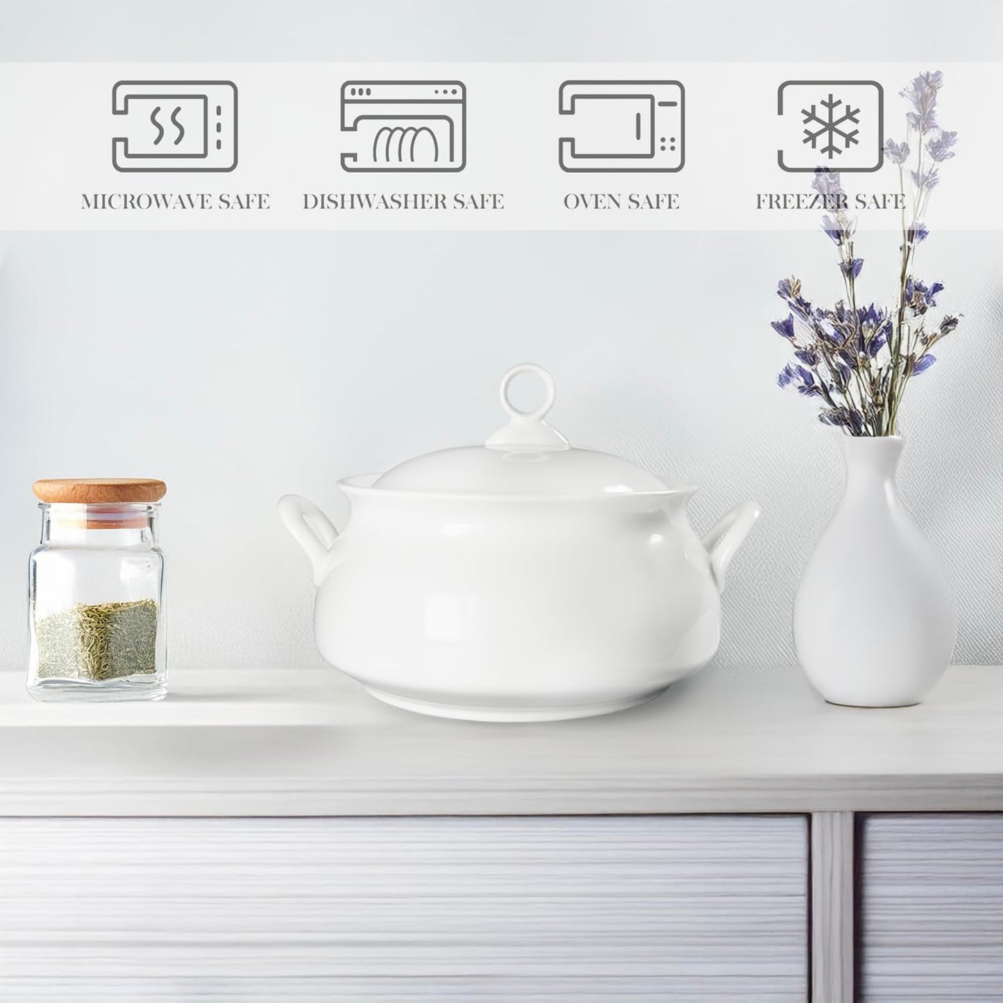 dingdaer Ceramic Serving Soup Tureen Bowls with Lid and soup spoon, 2.4 QT White French Serving Tureen, Lovely Soup Pot for Casserole dish Salad Pasta Noodles Stew, Microwave Dishwasher Safe