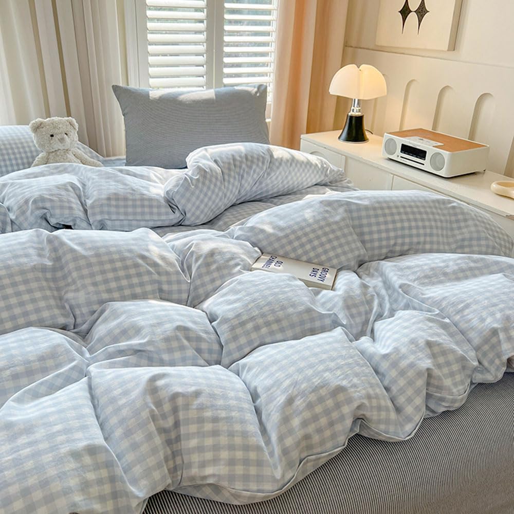 Nayoroom Blue Gingham Duvet Cover Queen Size Plaid Checkered Farmhouse Comforter Cover 3 Pcs Soft Breathable Washed Microfiber Grid Bedding Set with Pillow Shams