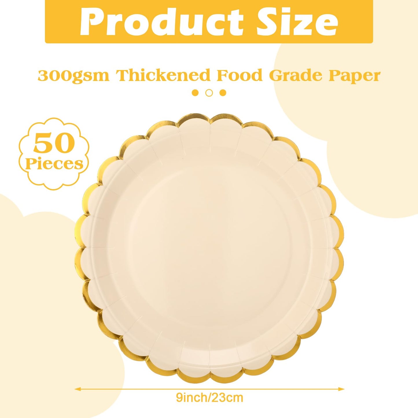 Maxcheck 50 Pcs White Gold Scalloped Paper Plates with Gold Foil 9 Inches Disposable Paper Party Plates for Cake Dessert Birthday Baby Shower Wedding Tea Party Supplies