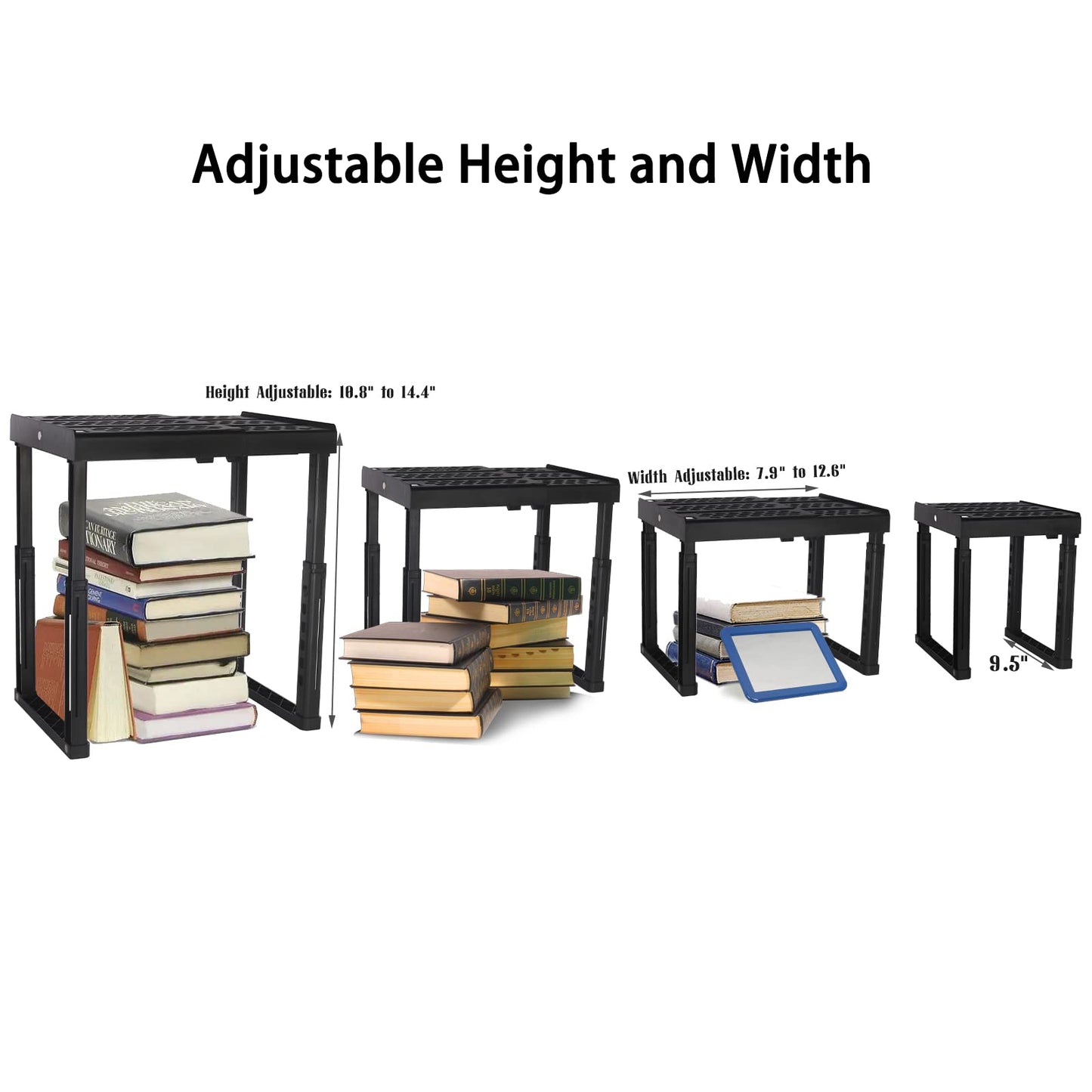 Adjustable Locker Shelf, Height and Width - Organizer for Work, School, Gym - Stack-able Stand Tools, Accessories - Black, Pack of 2