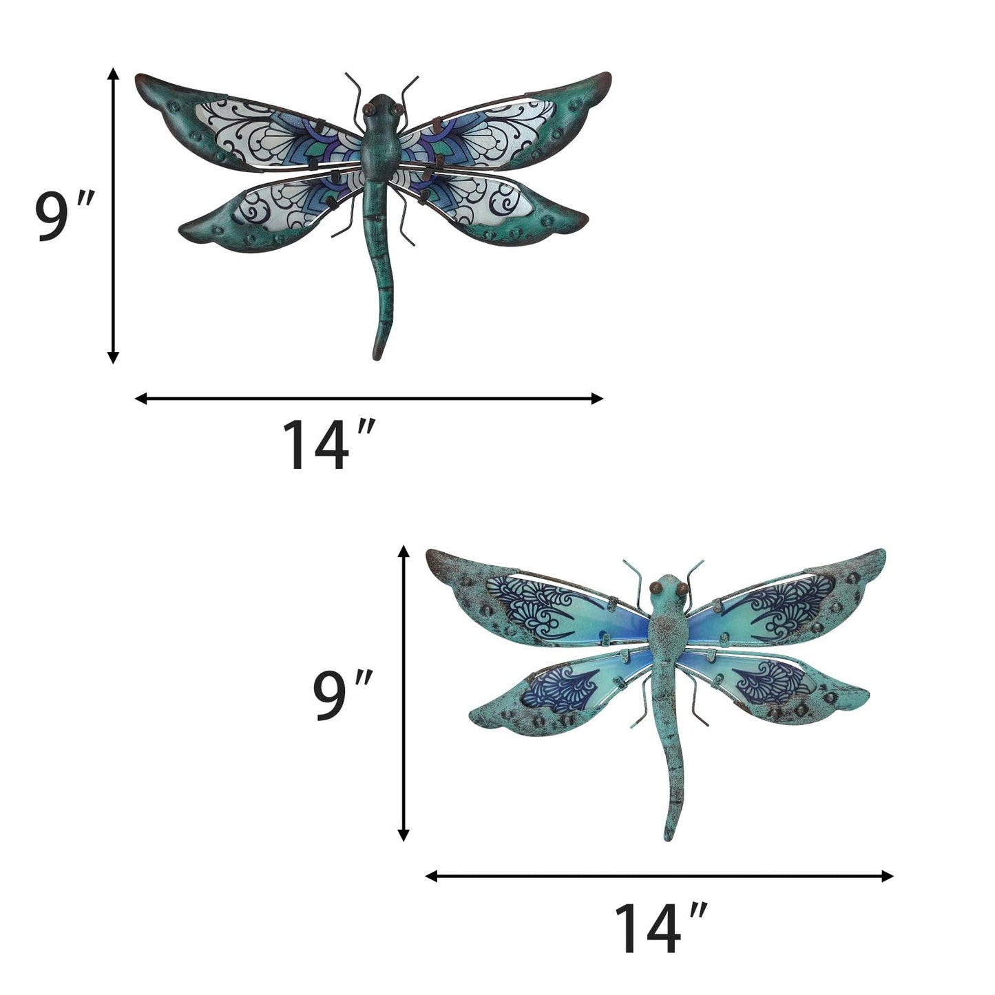 LIFFY Glass Metal Dragonfly Wall Decor a Pair - Outdoor Dragonfly Wall Art - Hanging Metal Dragonfly Decor for Garden and Home Decor - Dragonfly Gifts for Women