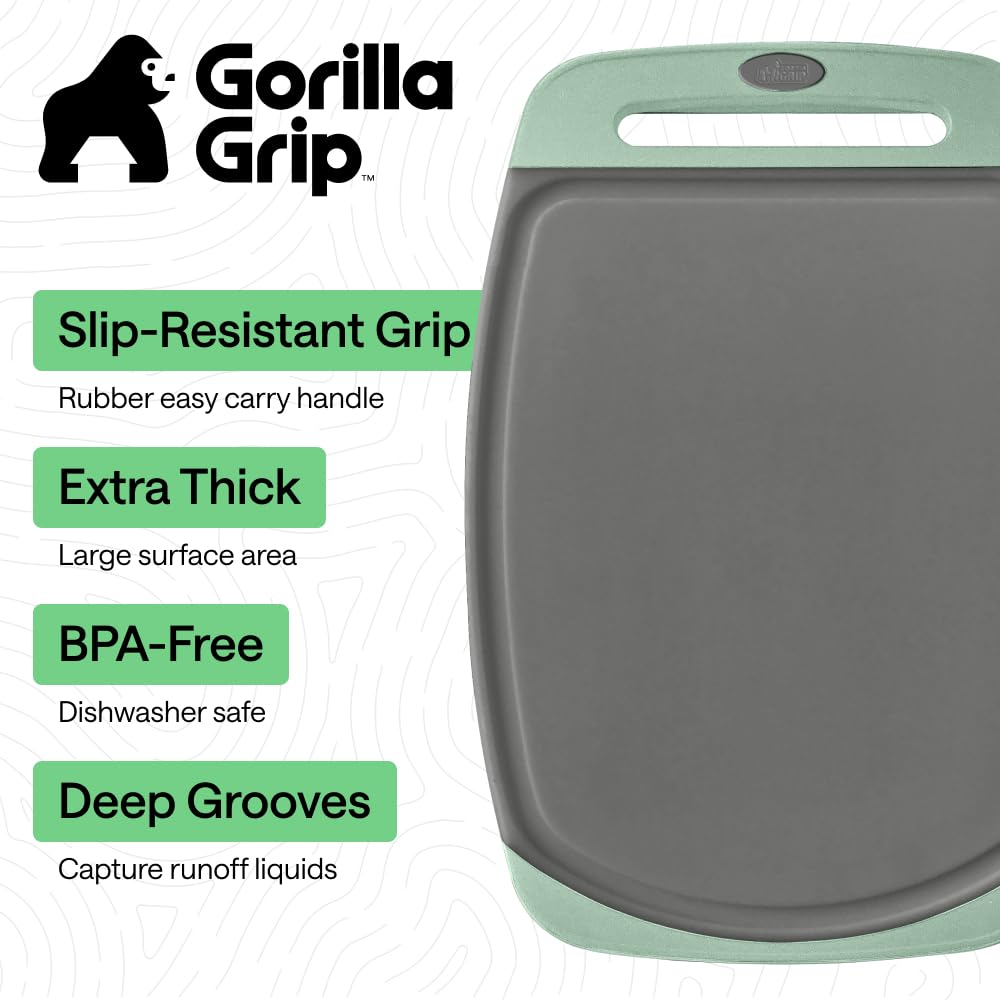 The Original GORILLA GRIP Oversized 100% BPA Free Reversible Durable Kitchen Cutting Board Set of 3, Juice Grooves, Dishwasher Safe, Easy Grip Handle Border, Food Chopping Boards, Cooking, Mint Gray