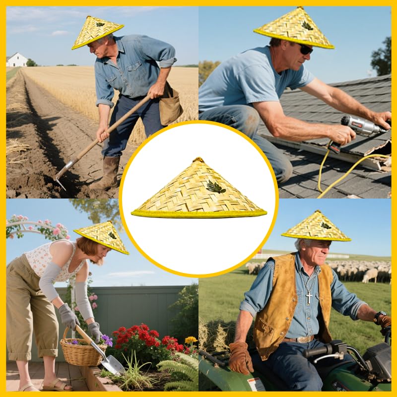 8Pcs Traditional Asian Rice Bamboo Straw Hats 17" Chinese-Vietnamese Style Unisex Outdoor Sun Hats Yellow