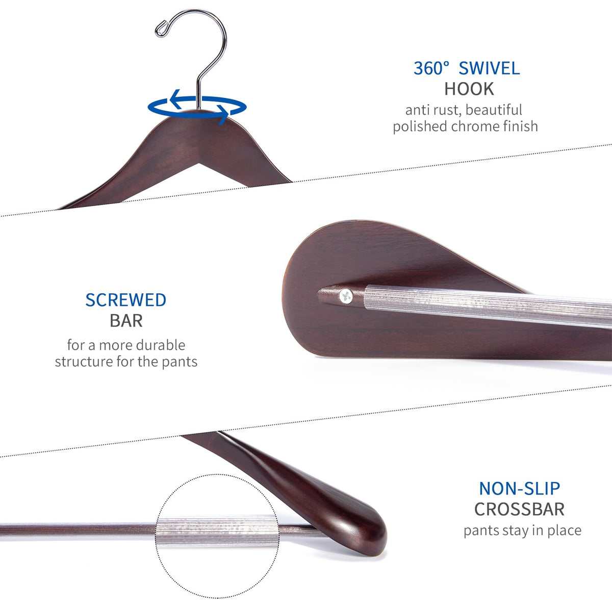 Nature Smile Luxury Mahogany Wooden Suit Hangers - 12 Pack - Wood Coat Hangers,Jacket Outerwear Shirt Hangers with Extra-Wide Shoulder, 360 Degree Swivel Hooks & Anti-Slip Bar with Screw
